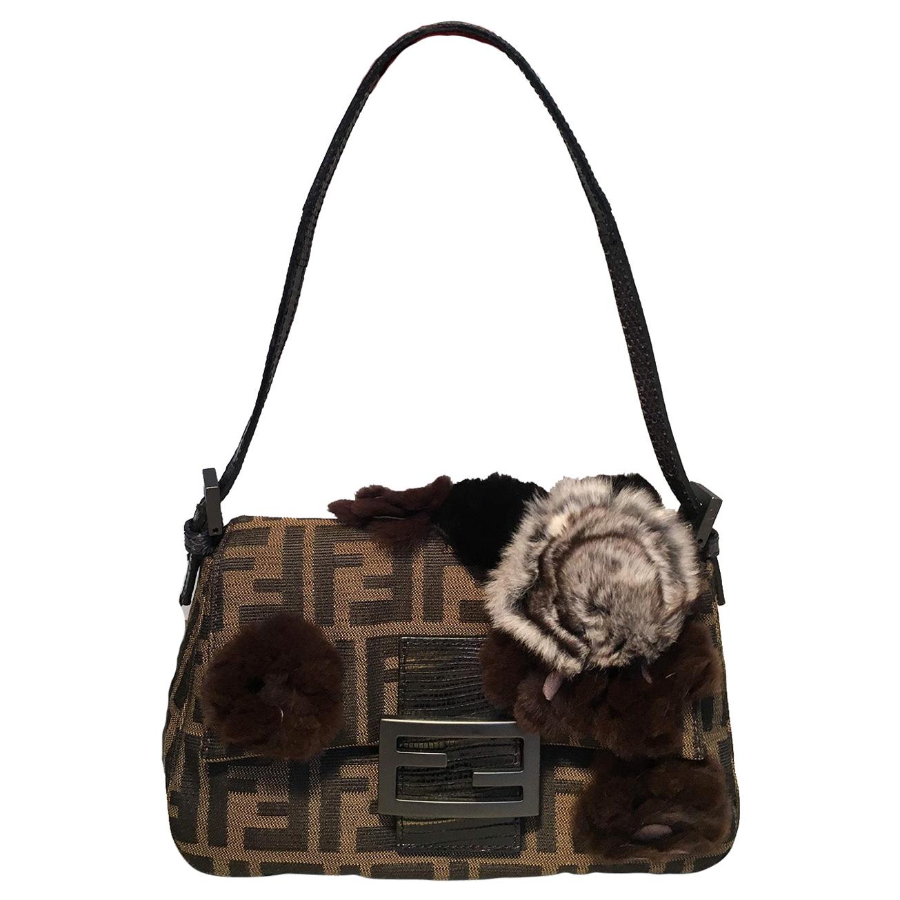 Fendi Zucca Print Monogram Canvas Mini Baguette with Rabbit Fur Flowers