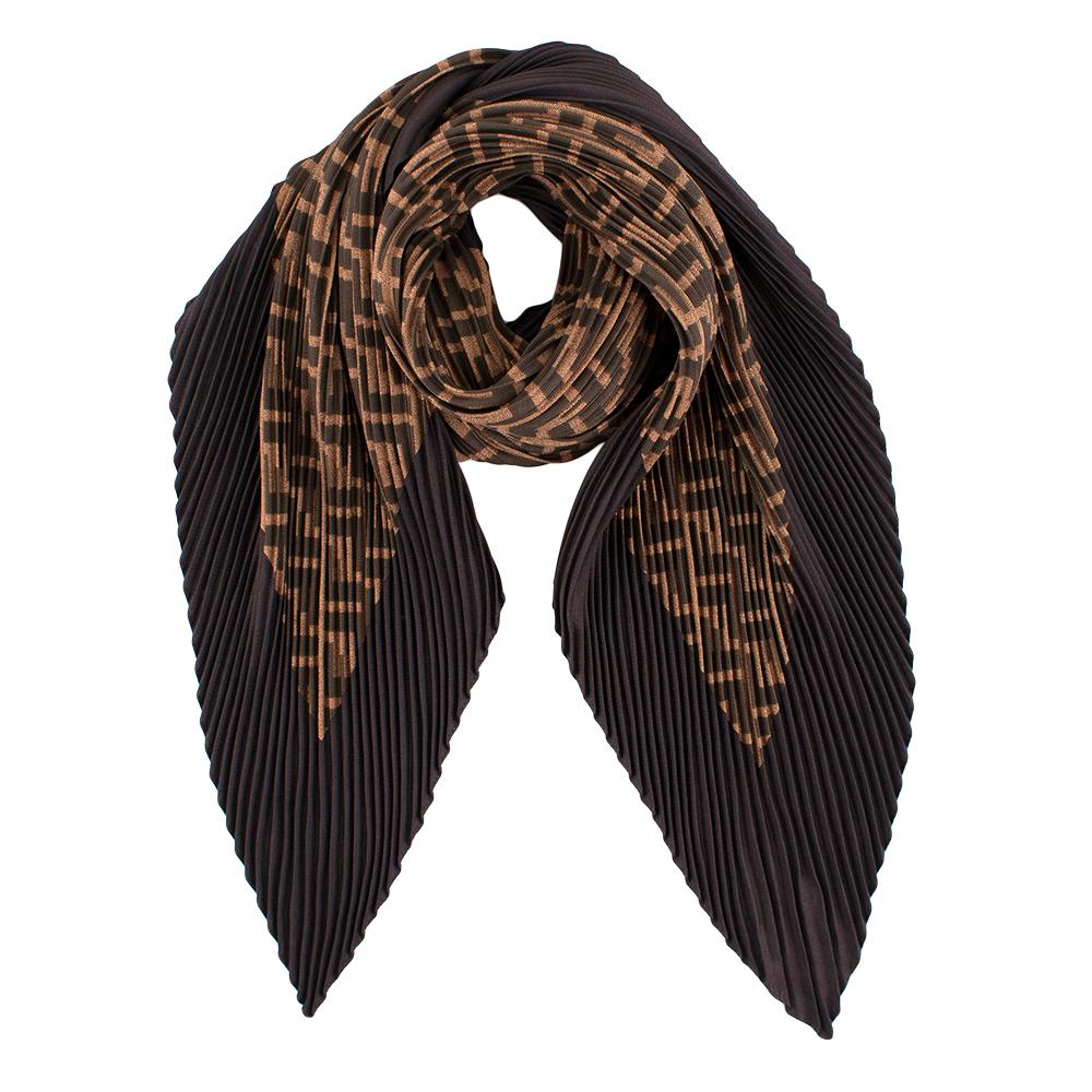 Fendi Zucca Print Plisse Silk Scarf

- Fendi classic print in brown on the body of the scarf with an accordian pleat

- Dark brown trim

- Can style a number of different ways: wear as a bandana by folding in half, as a bow on a bag or in your