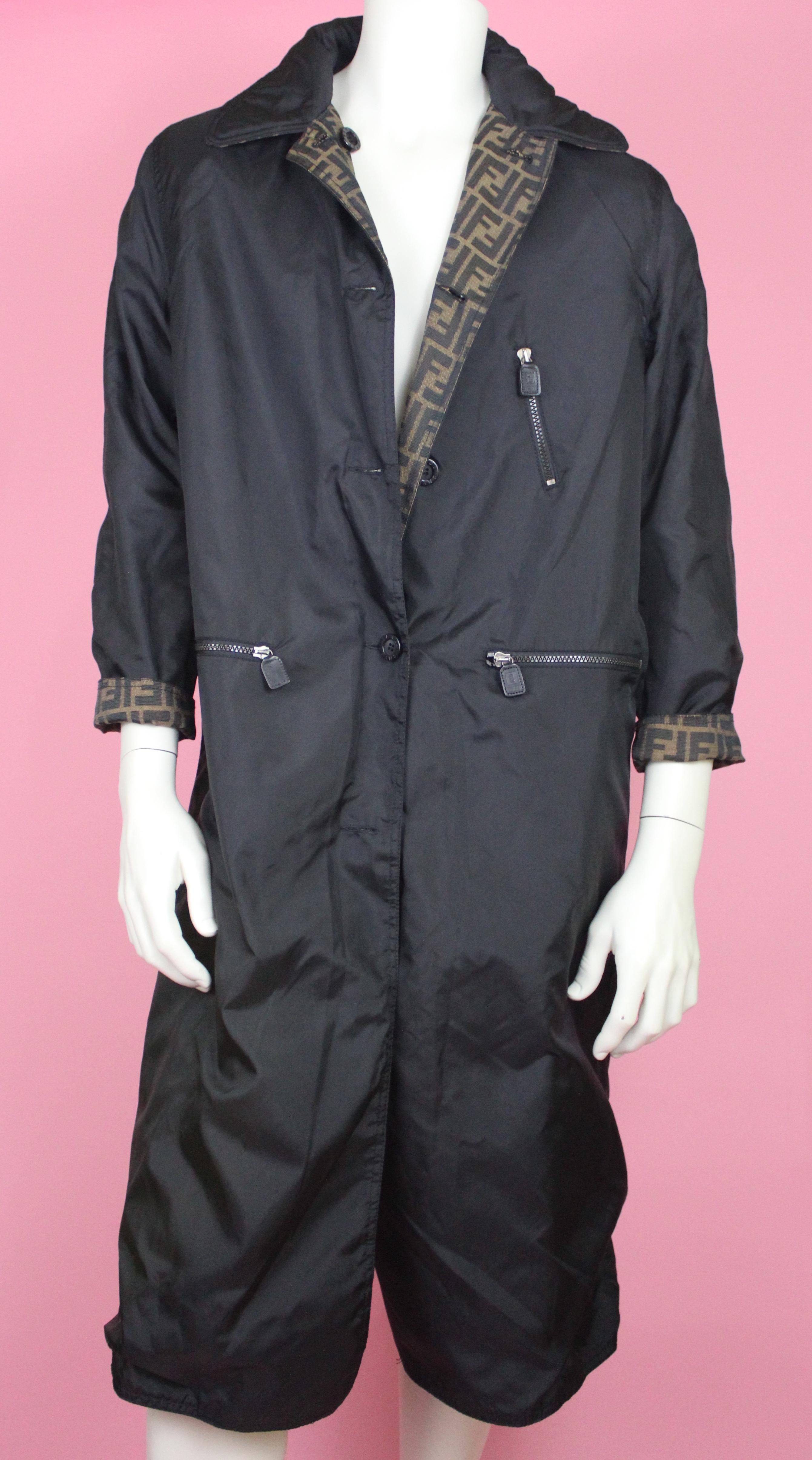 Gray Fendi Zucca Reversible Unisex Top Coat, c. 2000's, Size M For Sale