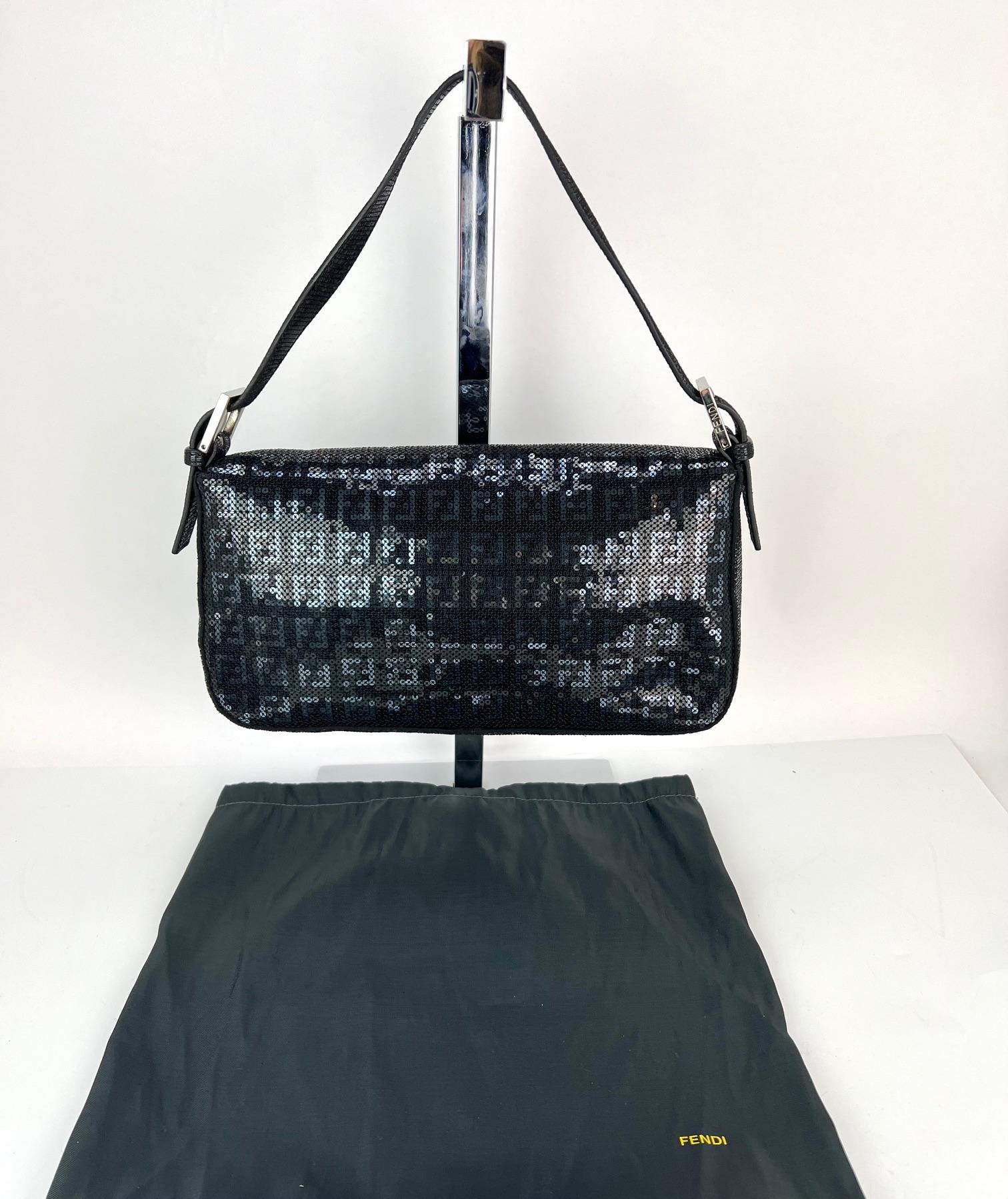Fendi Zucca Sequin Crystal Black Baguette Shoulder Bag  For Sale 7