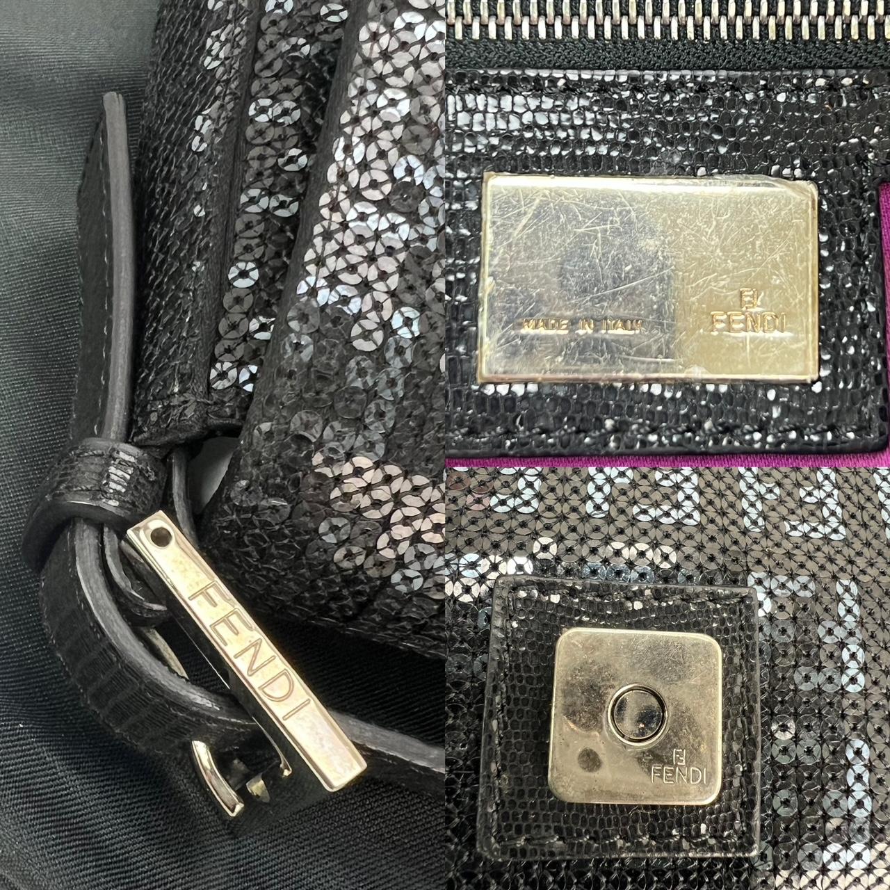 Pre-Owned  100% Authentic
Fendi Zucca Sequin Crystal Black Baguette Shoulder Bag 
RATING: B...Very Good, well maintained, 
shows minor signs of wear
MATERIAL: leather, sequin, satin
HANDLE: fendi removable adjustable patent leather, has
a little