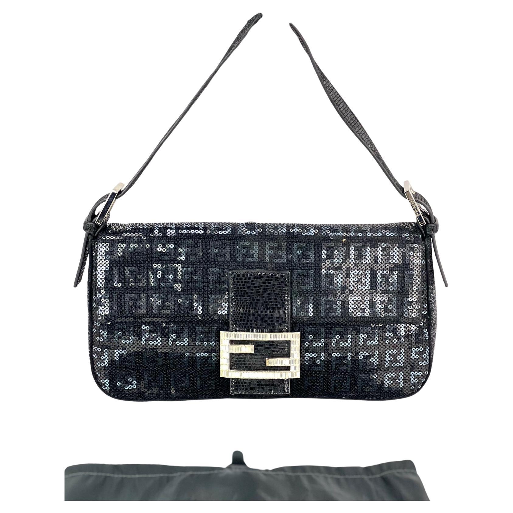 Fendi Zucca Sequin Crystal Black Baguette Shoulder Bag  For Sale