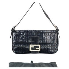 Vintage Fendi Zucca Sequin Crystal Black Baguette Shoulder Bag 