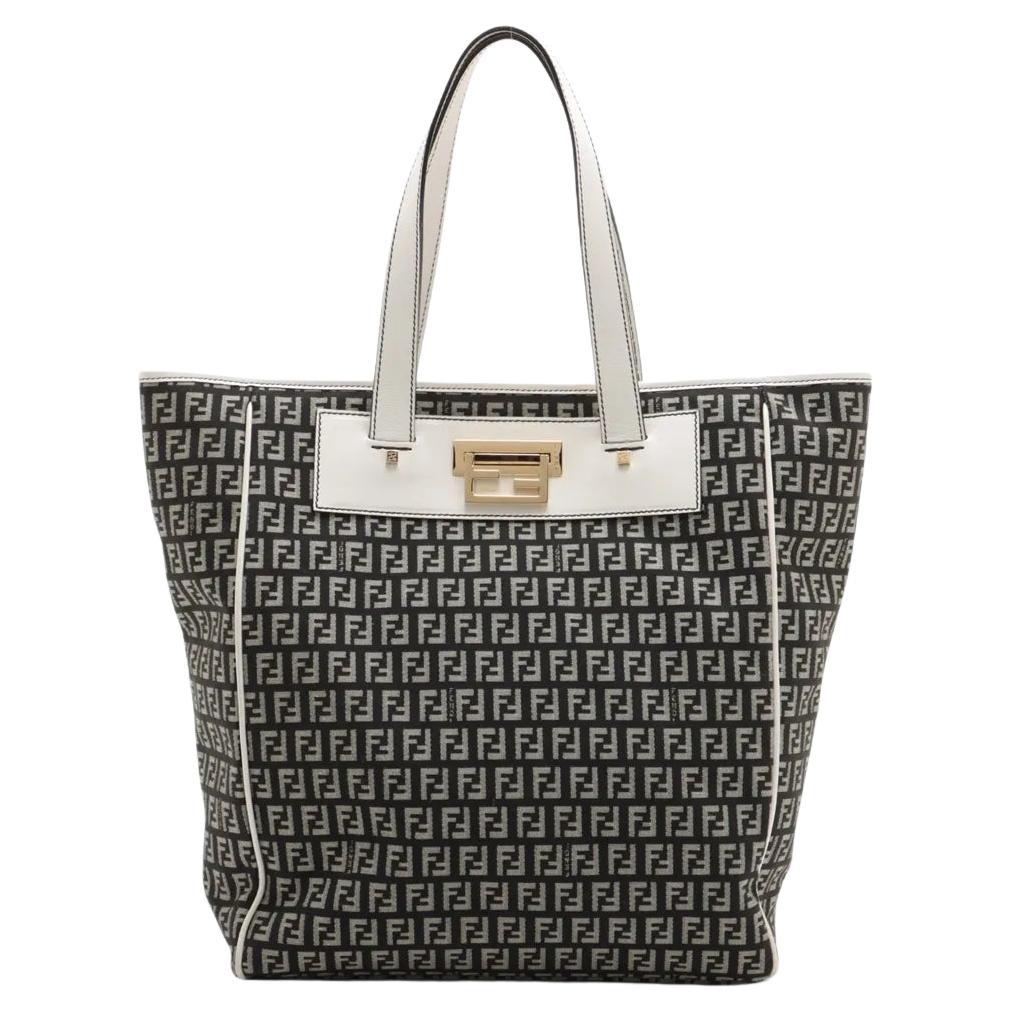 Fendi Zucchino Canvas Leather Tote Bag Black x White in vendita