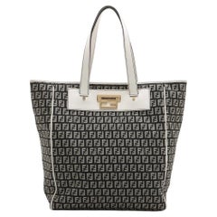 Fendi Zucchino Canvas Leather Tote Bag Black x White