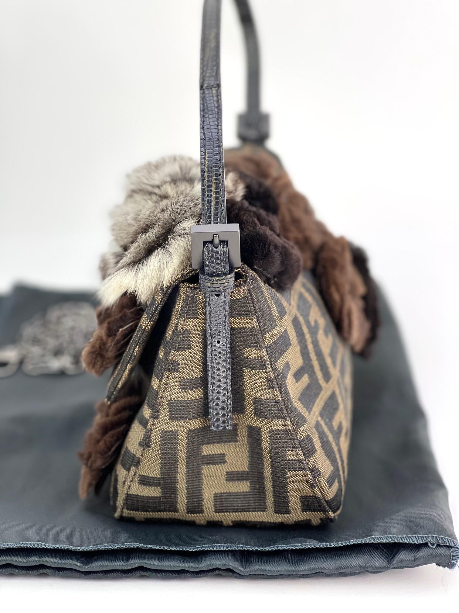 Black FENDI Zucchino Mini Mama Baguette With  Rabbit Embellishments Bag For Sale