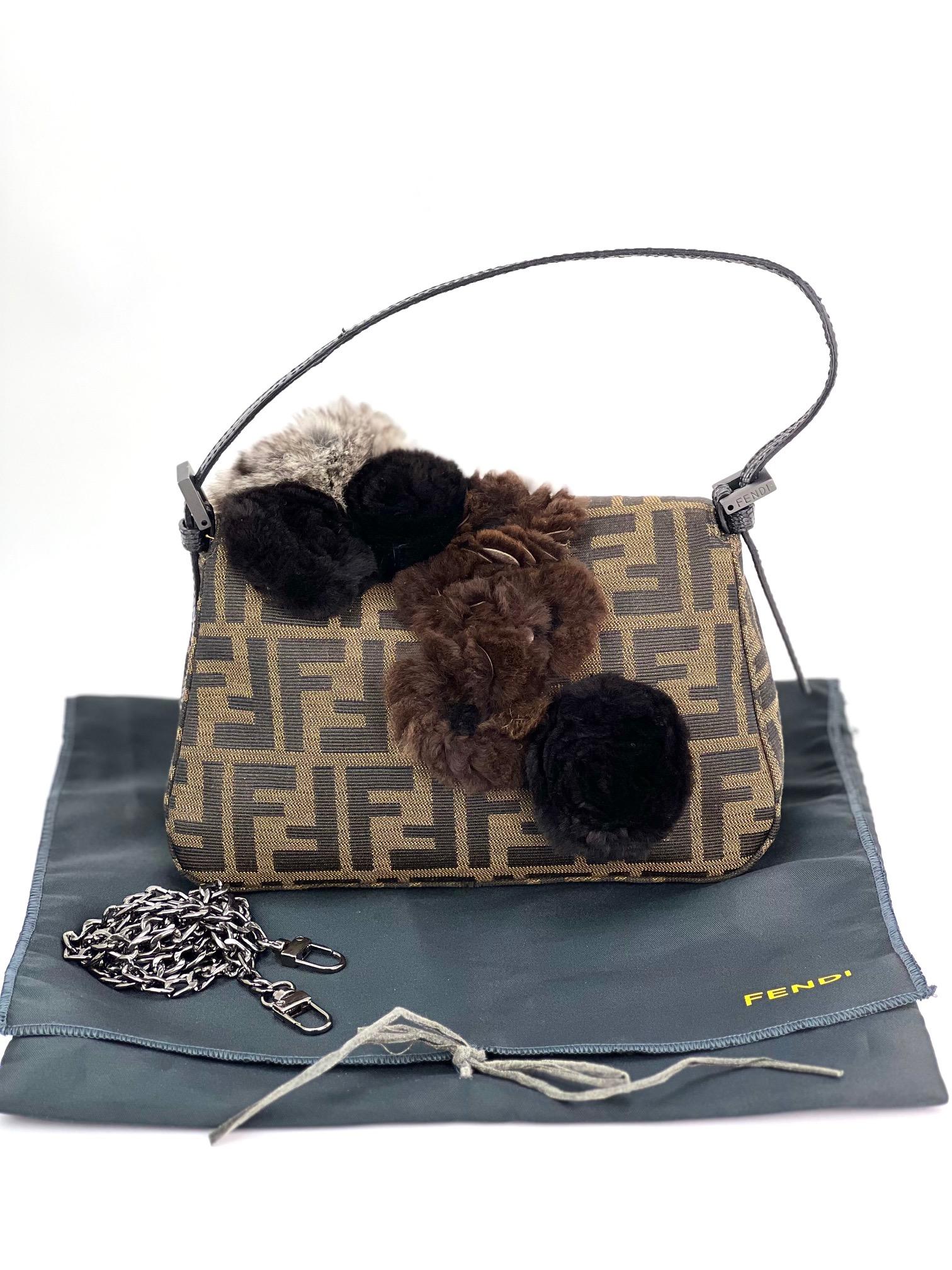 FENDI Zucchino Mini Mama Baguette With  Rabbit Embellishments Bag In Excellent Condition For Sale In Freehold, NJ