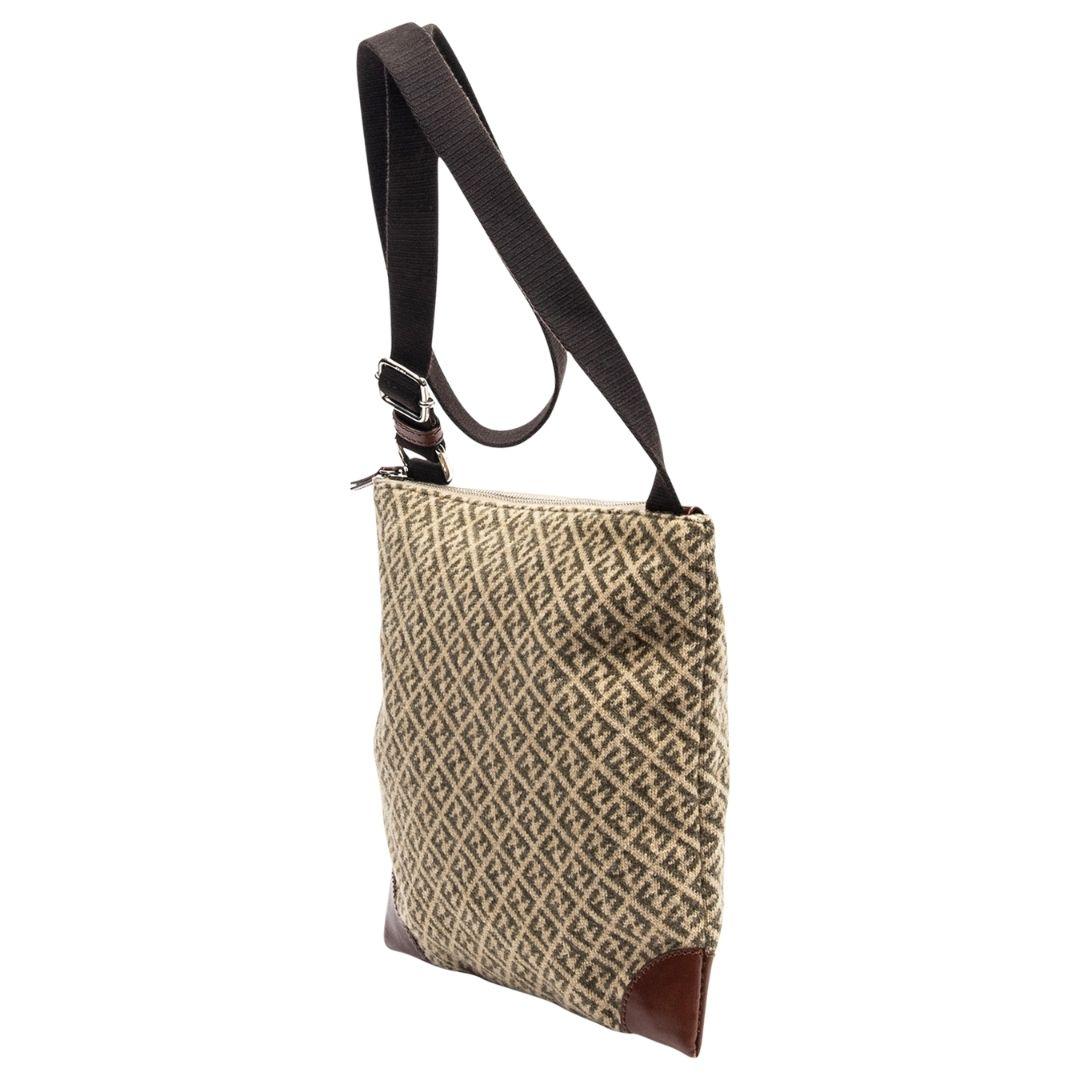 Gorgeous and cozy Fendi wool crossbody bag with little Zucchino logos throughout. With brown leather trimming, silver-tone hardware, a brown adjustable canvas strap, the zipper closure opens up to a tonal logo Jacquard lining with a single slip
