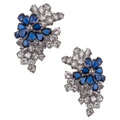Fendler French 1970 Cluster Earrings In Platinum 22.67 Cts Diamonds 
Sapphires