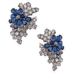 Fendler French 1970 Cluster Earrings In Platinum 22.67 Cts Diamonds & Sapphires