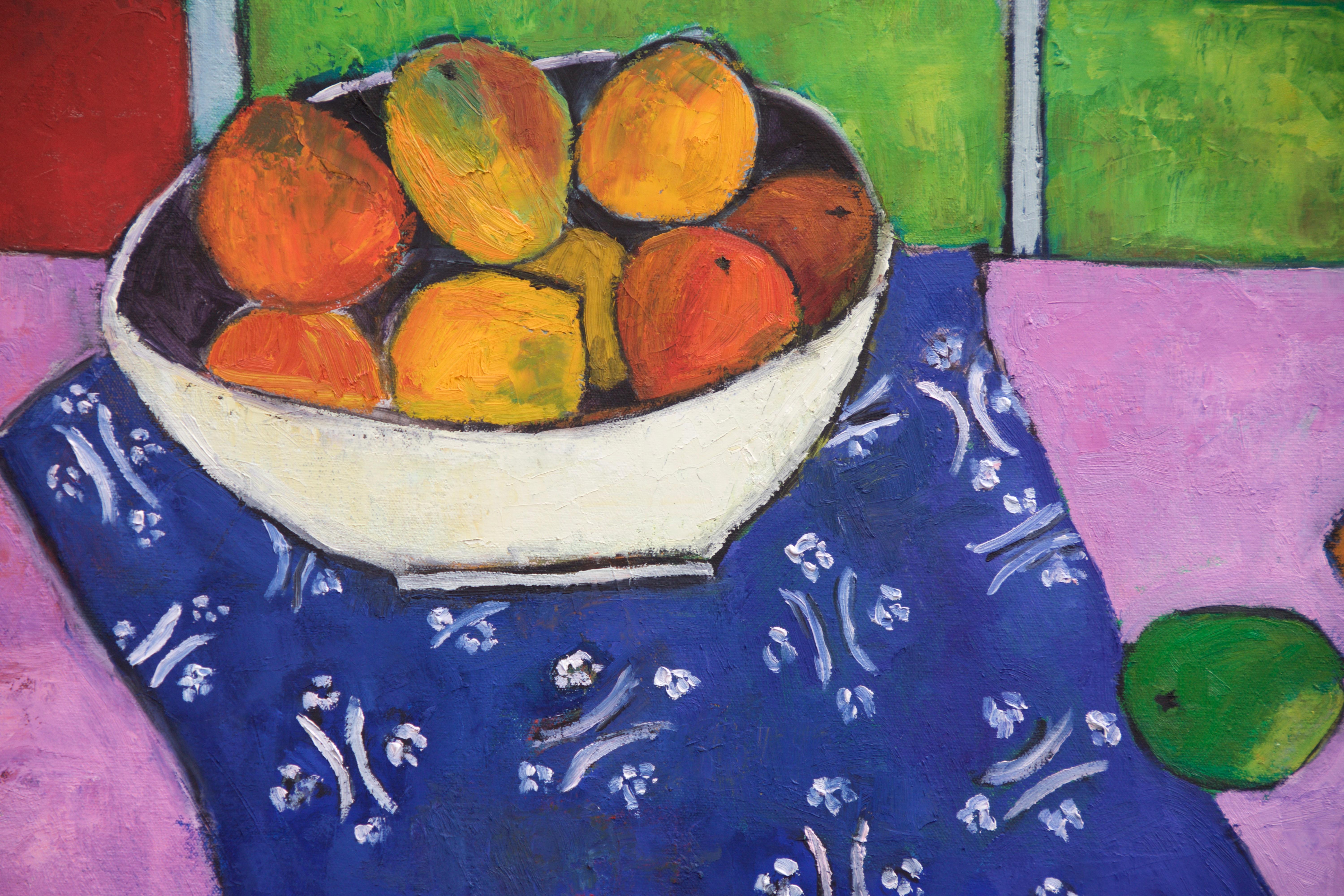 Manteau de Mango de Gauguin, peinture à l'huile - Bleu Still-Life Painting par Feng Biddle