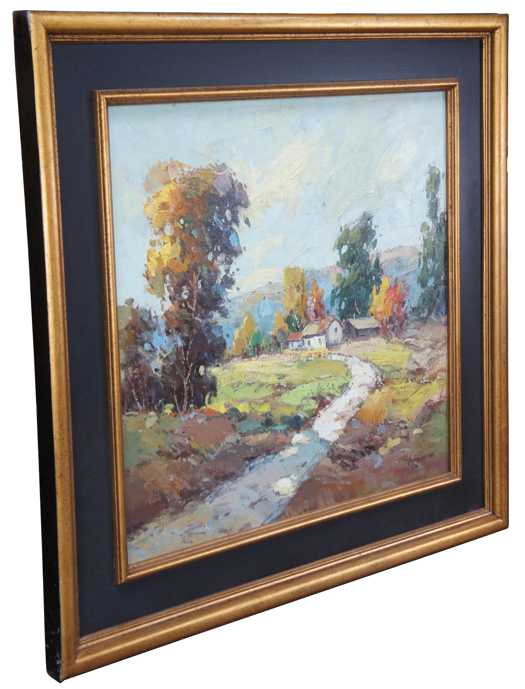 Original oil painting by Feng H.M. Featuring a landscape scene with a road leading to a grouping of cottages set against the backdrop of a large hillside or mountain range.

art 30