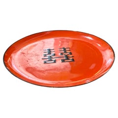 Feng Shui Double Happiness Vintage decorative Low Enameled Plate Signed
