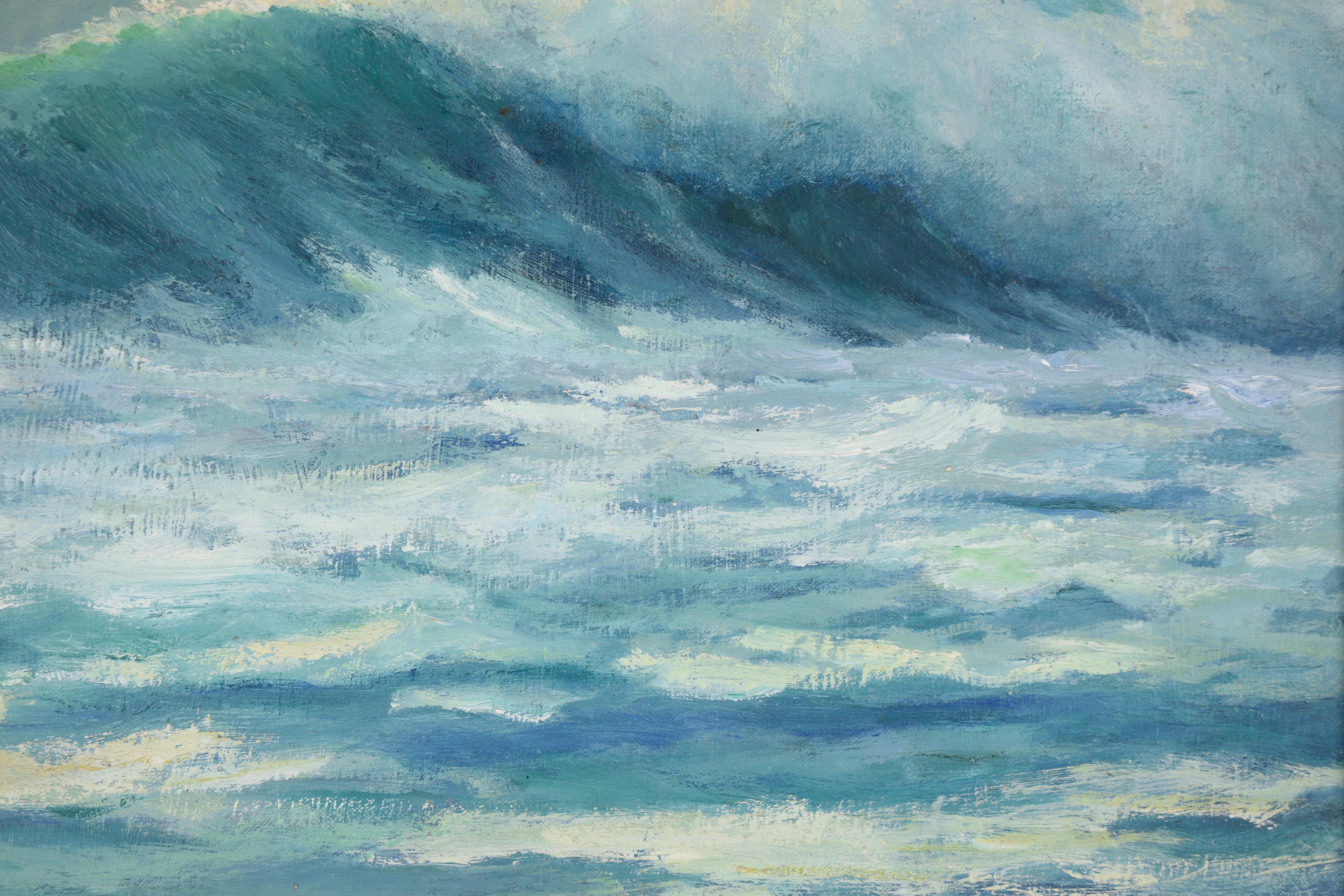 Wunderschönes monochromes Meeresbild in Blau mit einer dramatisch anbrandenden Welle von einem unbekannten nordkalifornischen Künstler namens Fenton. Signiert in der unteren rechten Ecke. Um 1960. Präsentiert in einem Holzlattenrost mit