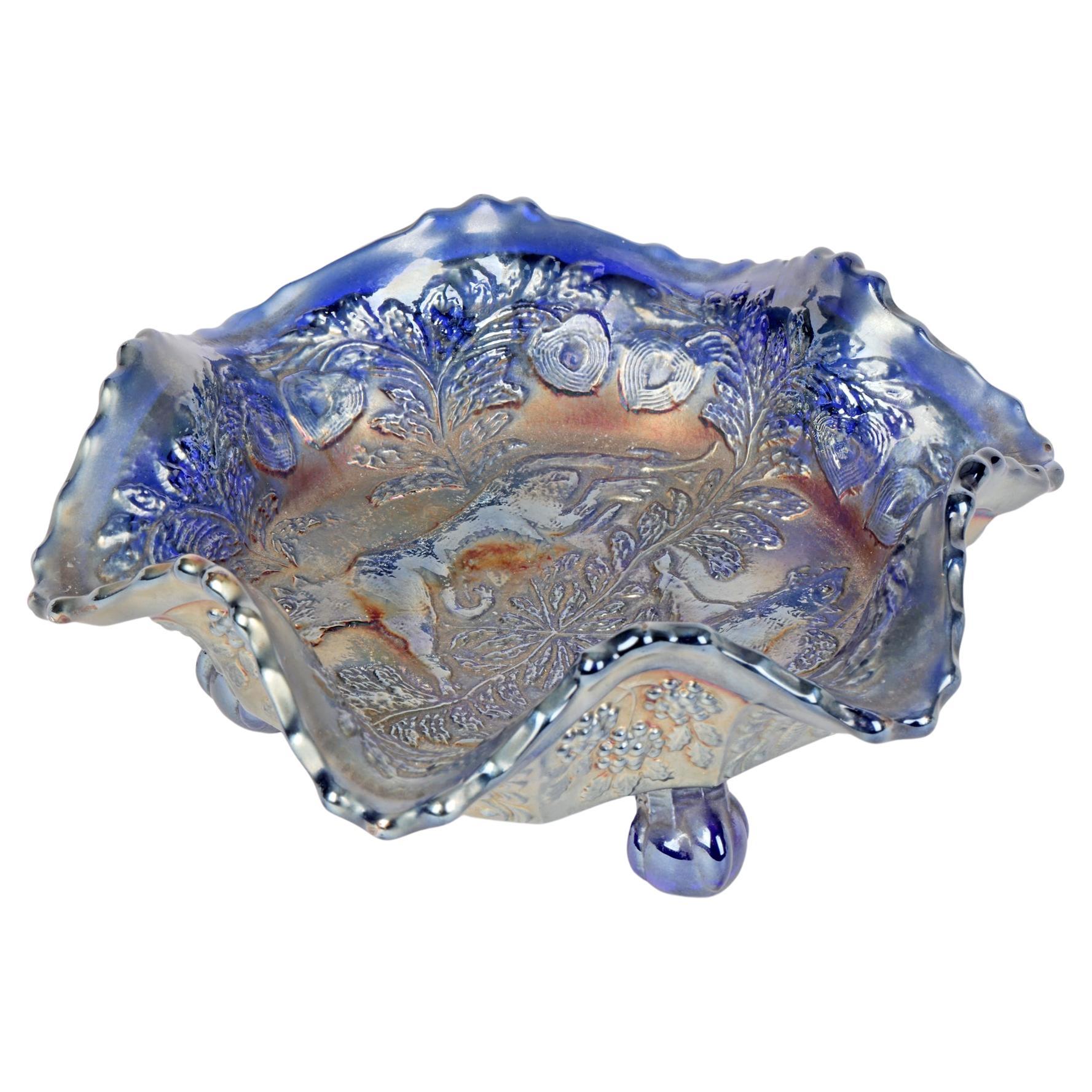 Fenton Blue Carnival Glass Panther Design Dish