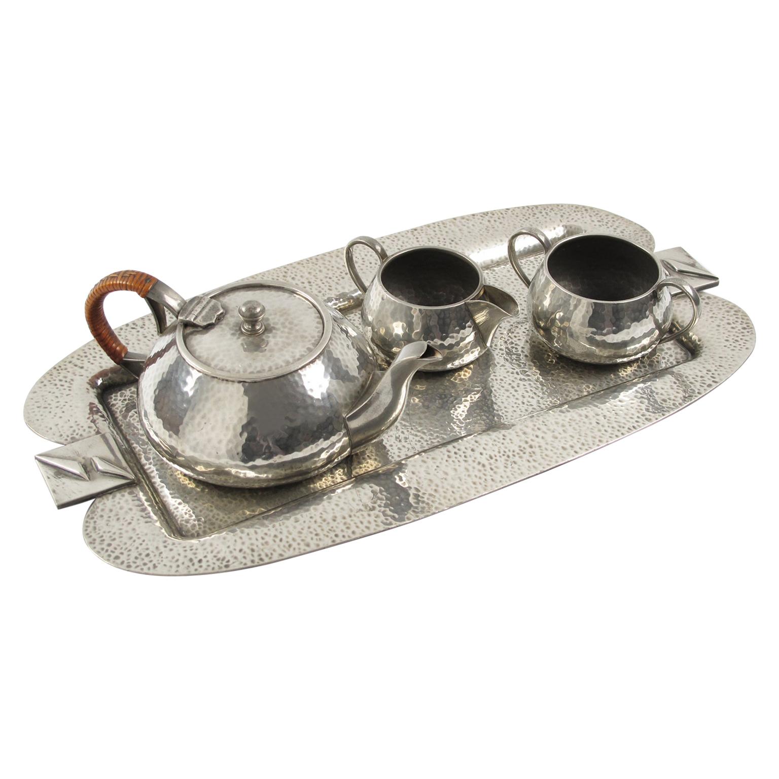 Fenton Bros Sheffield England Art Nouveau Pewter Tea Coffee Tray Set