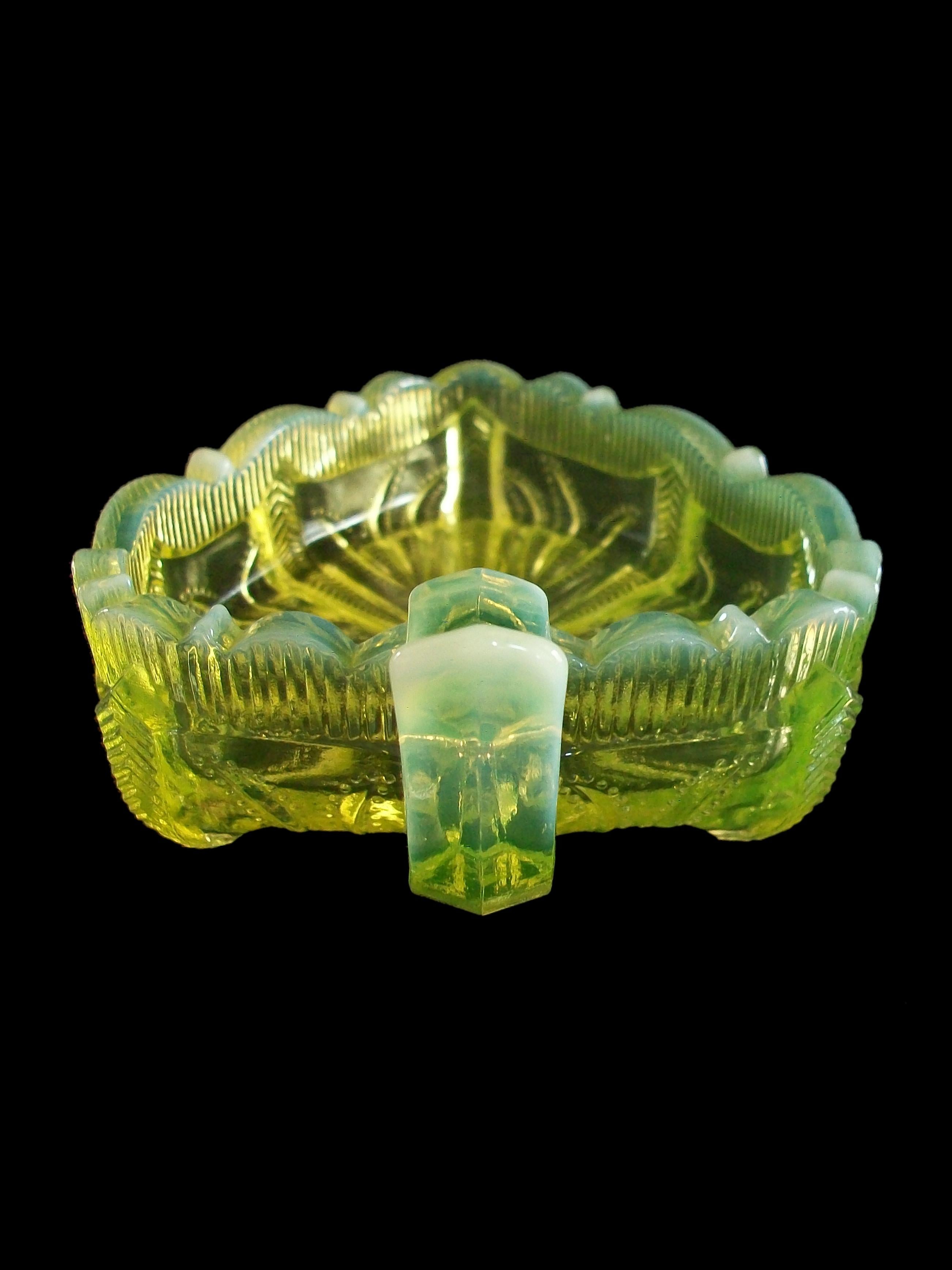 Fenton, Opalescent Yellow Vaseline Glass Cactus Leaf Dish, U.S., 20th Century For Sale 1