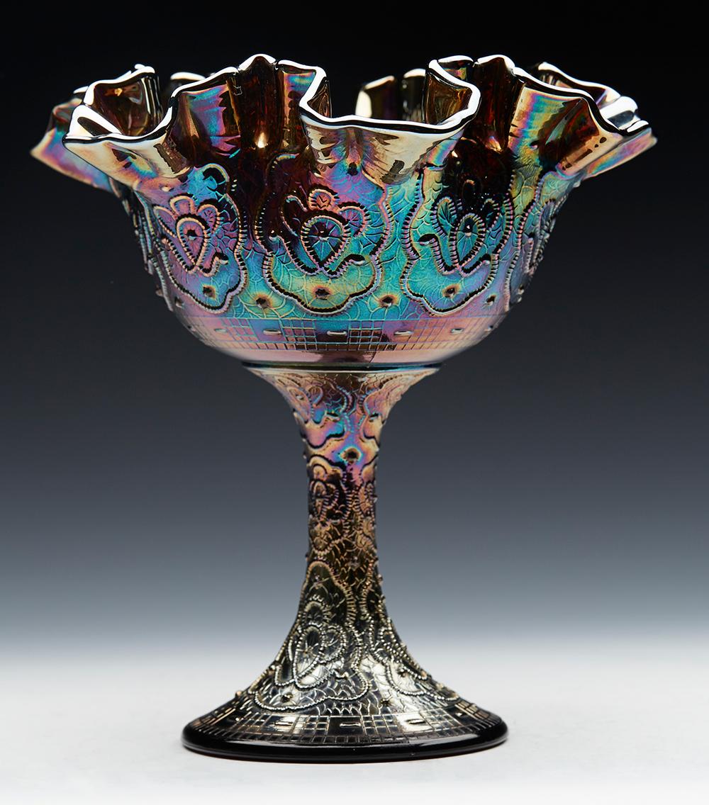 American Fenton Persian Medallion Amethyst Carnival Glass Pedestal Bowl For Sale