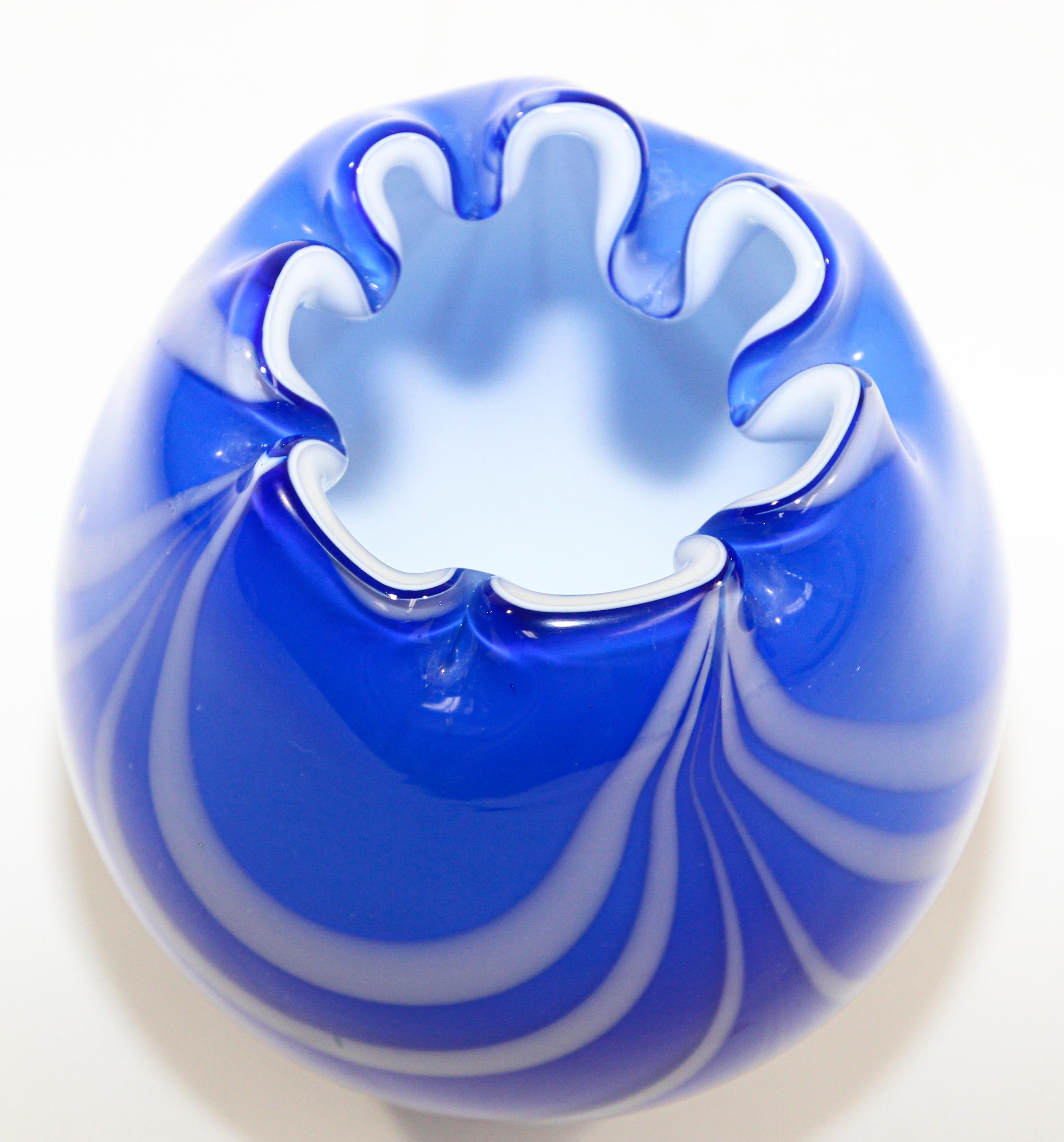 American Fenton Robert Barber Blue & White Hand Blown Vase