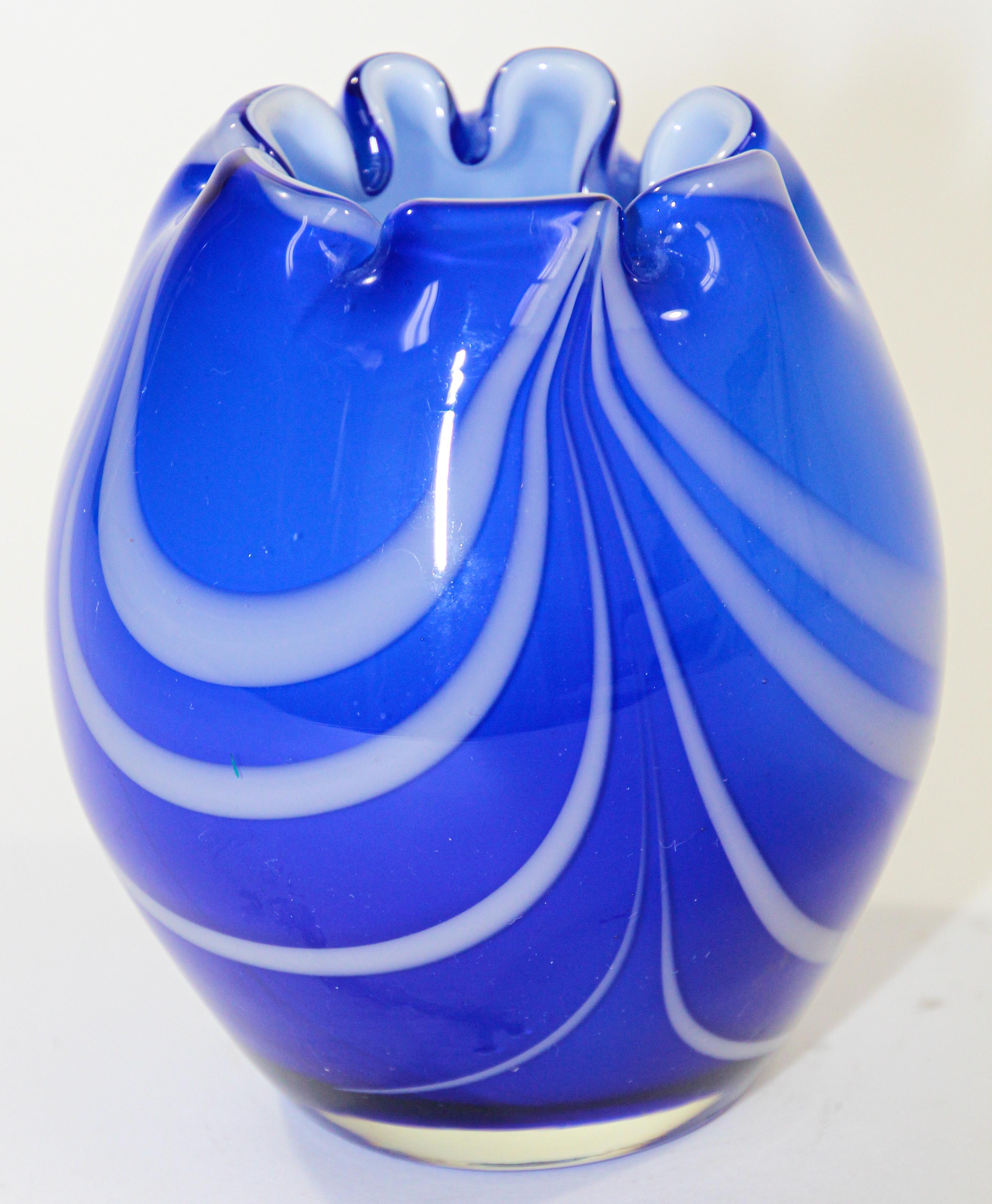 Hand-Crafted Fenton Robert Barber Blue & White Hand Blown Vase