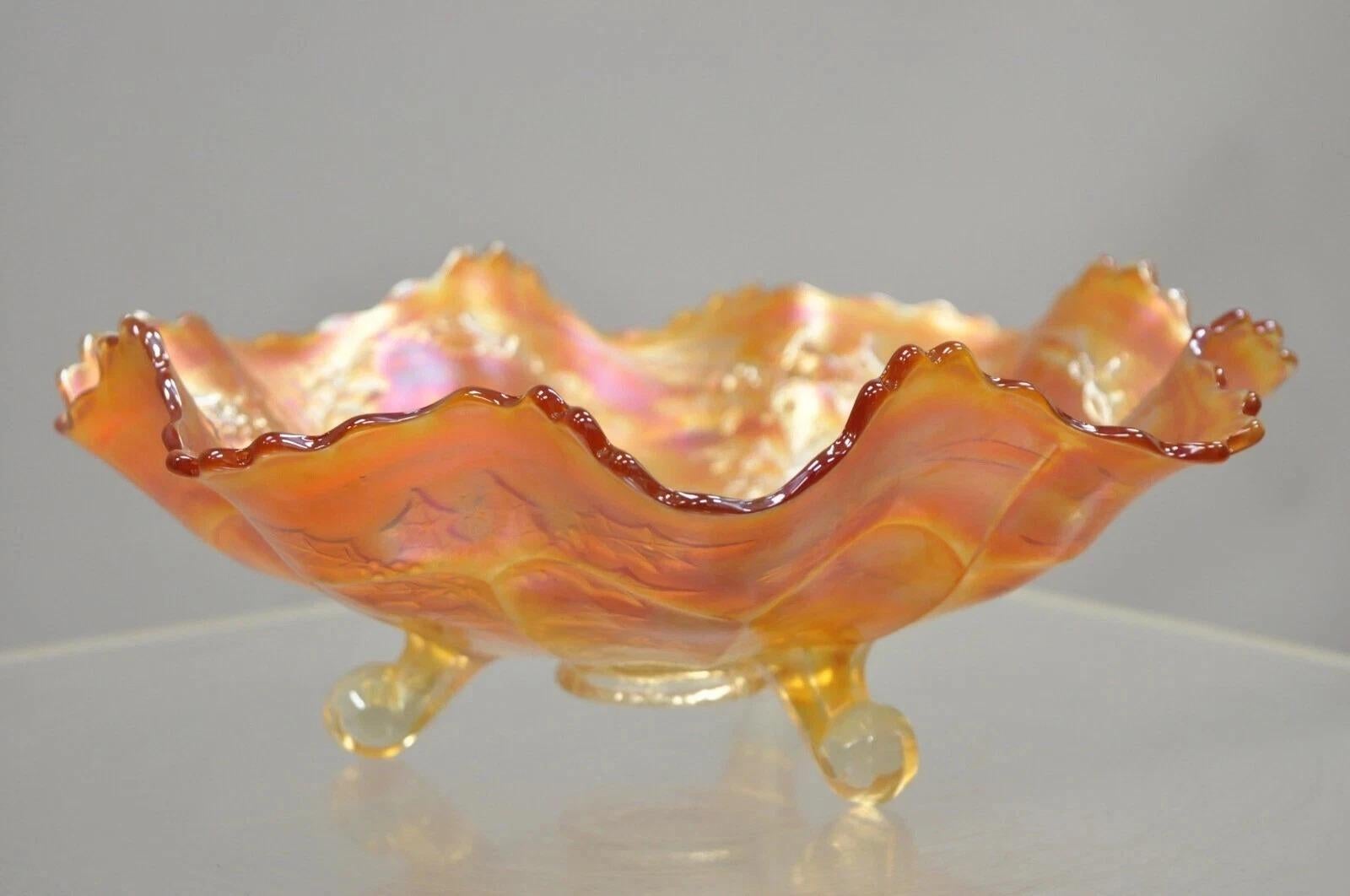 Fenton Hirsch & Holly Karneval Glas gekräuselten Rand Fuß Marigold Schüssel 11