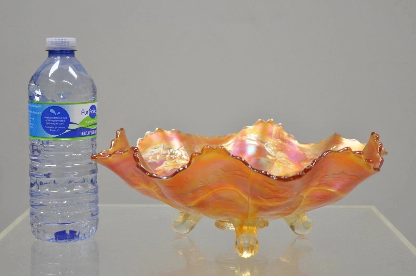 Antike Fenton Stag & Holly Karneval Glas Ruffled Edge Footed Marigold Bowl 11