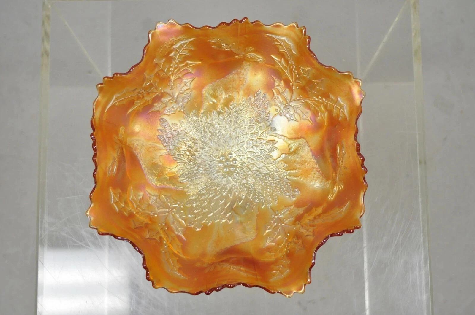 Fenton Hirsch & Holly Karneval Glas gekräuselten Rand Fuß Marigold Schüssel 11