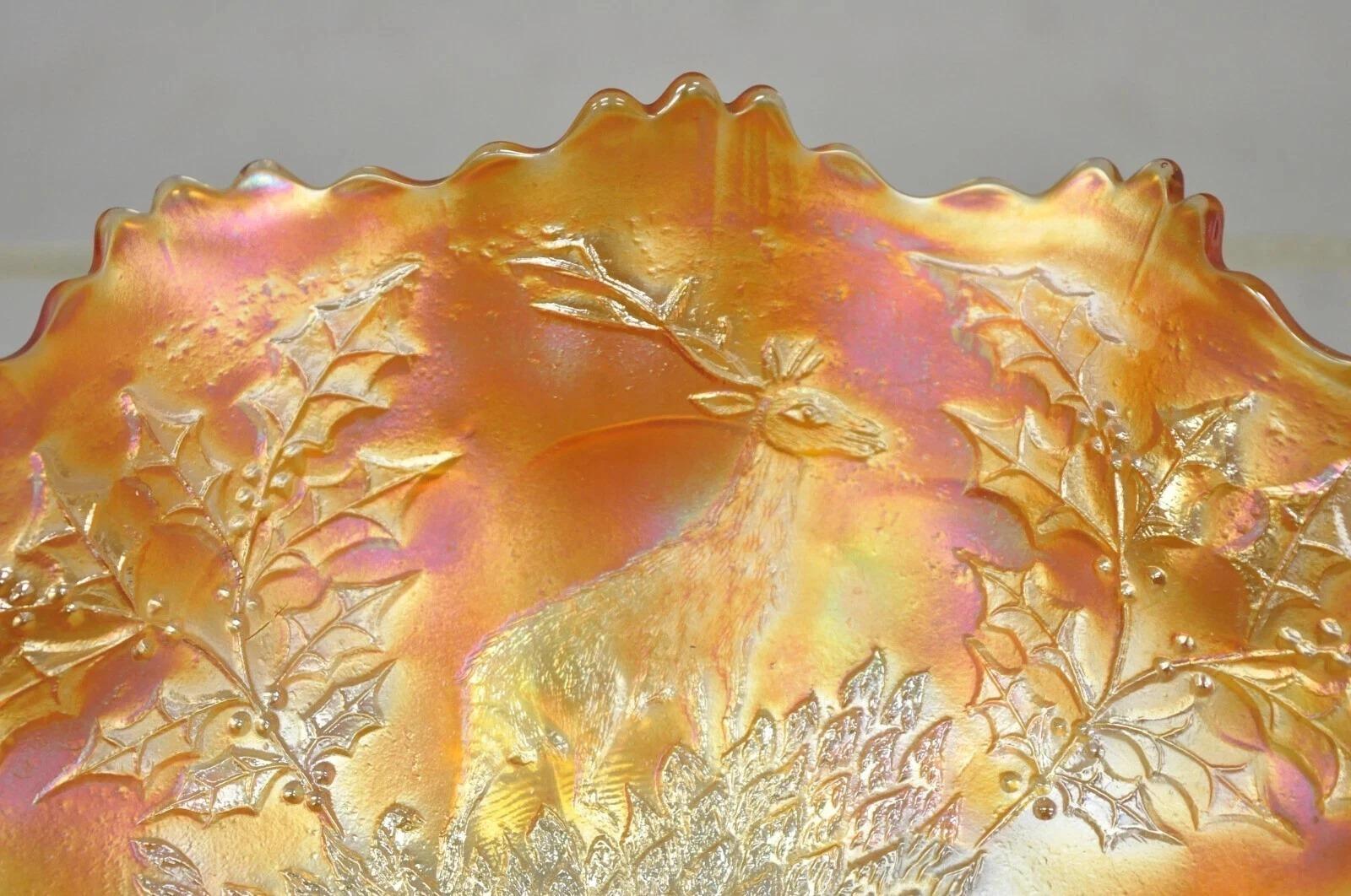 Fenton Hirsch & Holly Karneval Glas gekräuselten Rand Fuß Marigold Schüssel 11