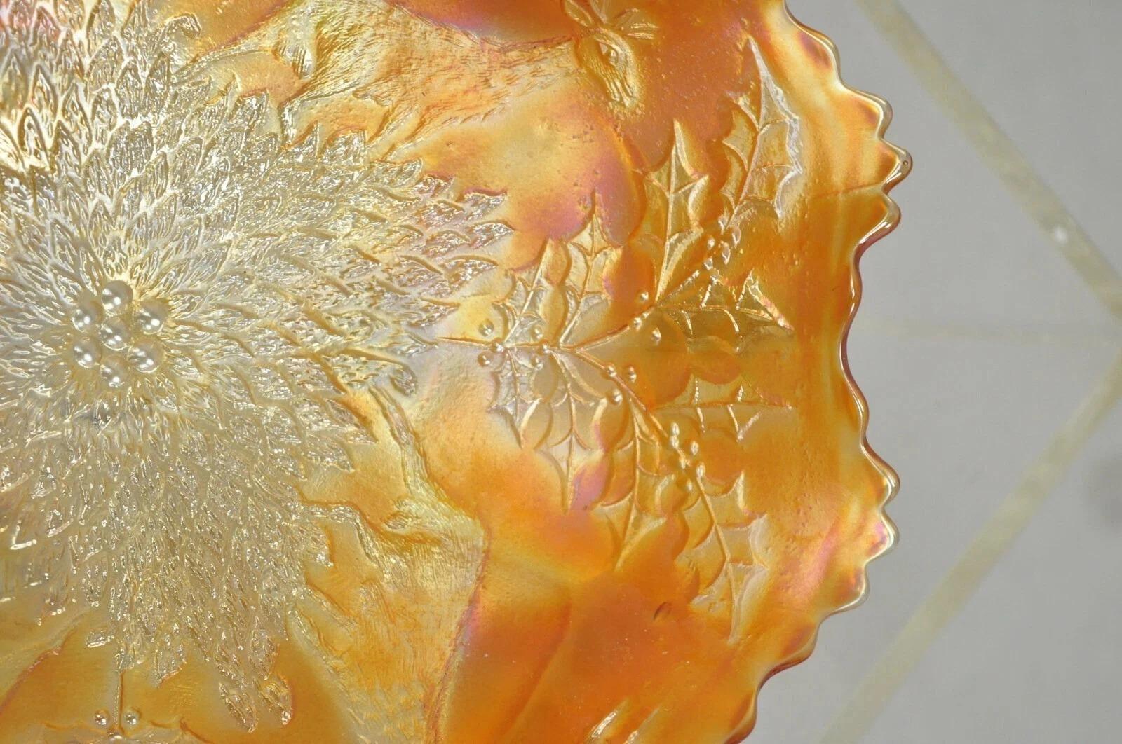 Fenton Hirsch & Holly Karneval Glas gekräuselten Rand Fuß Marigold Schüssel 11