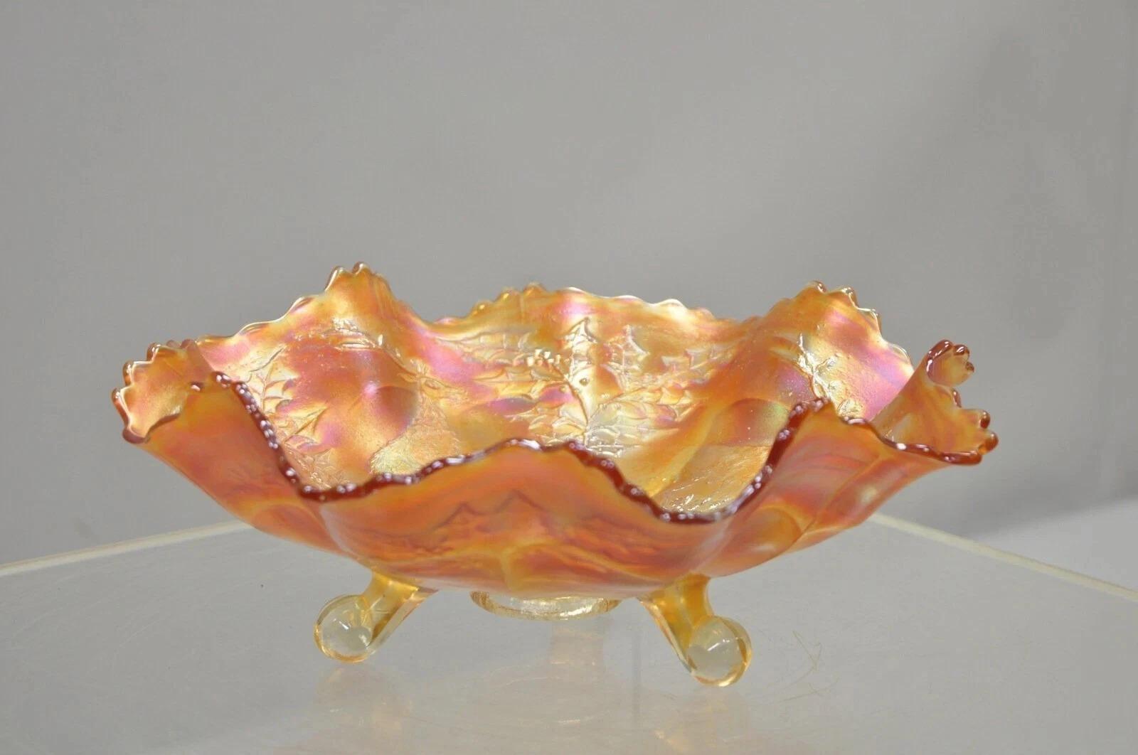Fenton Hirsch & Holly Karneval Glas gekräuselten Rand Fuß Marigold Schüssel 11