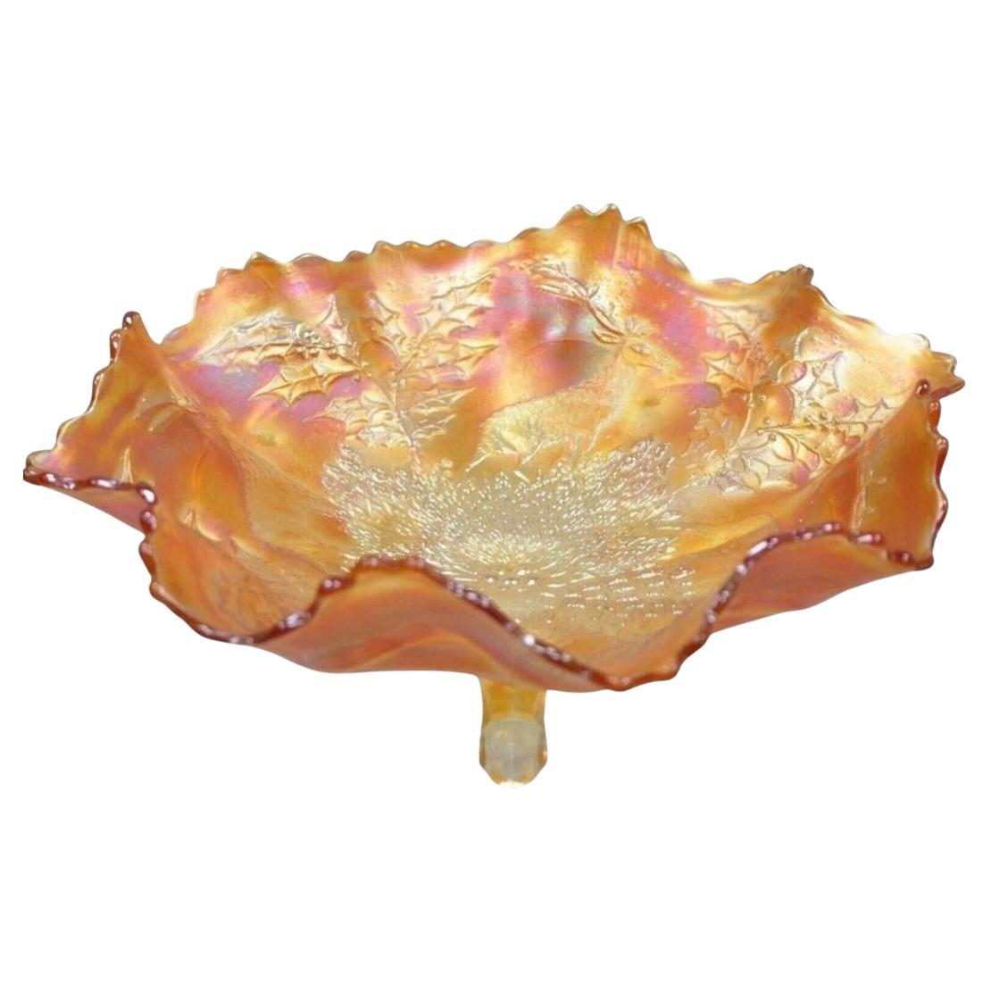 Fenton Hirsch & Holly Karneval Glas gekräuselten Rand Fuß Marigold Schüssel 11" (A) im Angebot