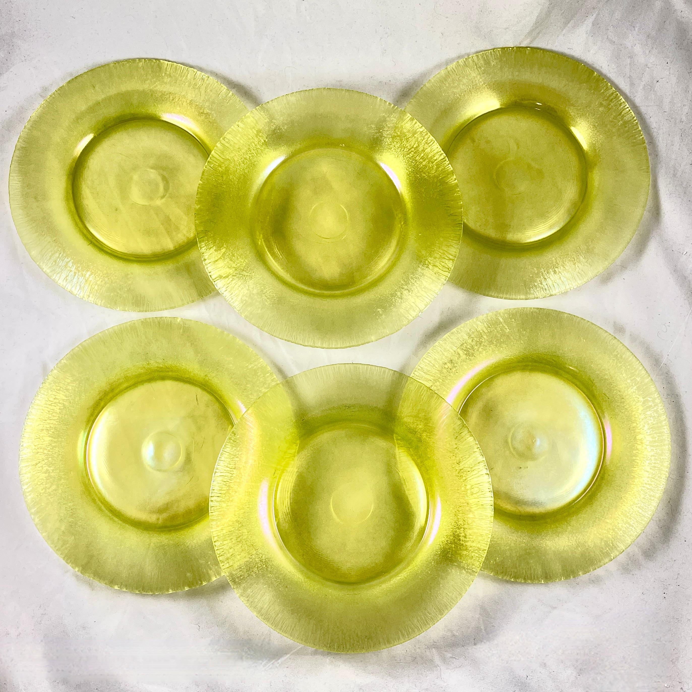 Fenton Topaz Stretch Iridescent Vaseline Glass Plates, S/6 1