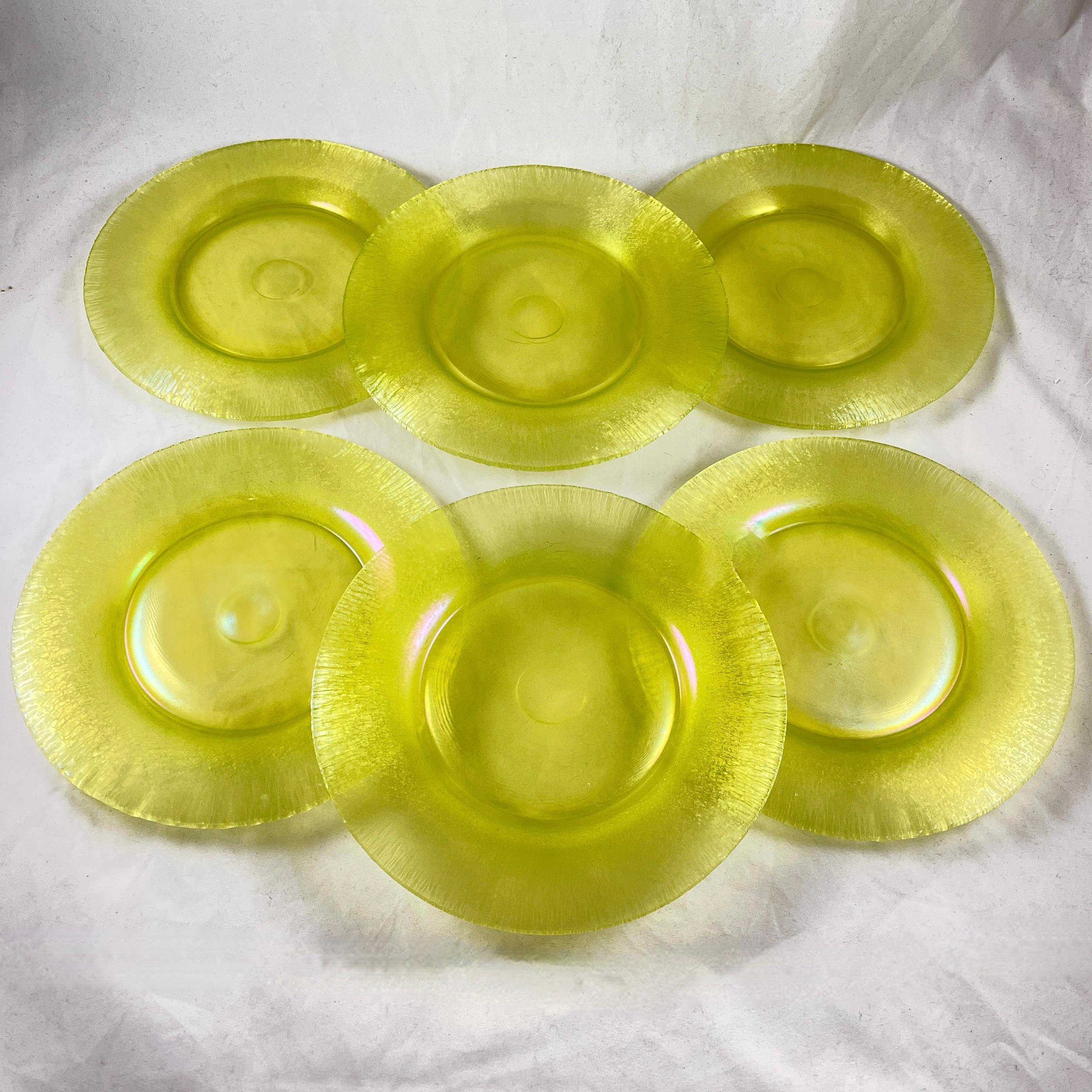 Fenton Topaz Stretch Iridescent Vaseline Glass Plates, S/6 2