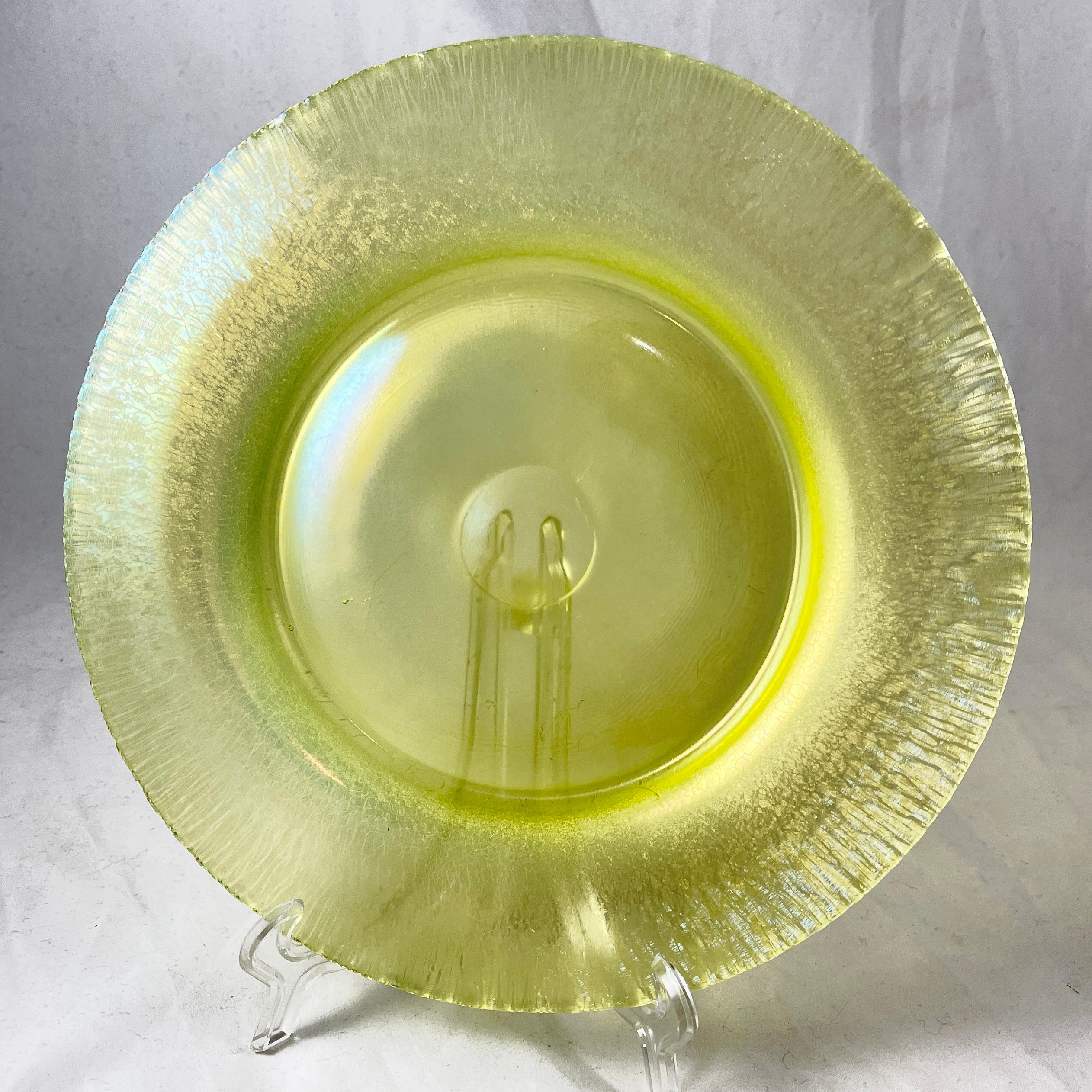 International Style Fenton Topaz Stretch Iridescent Vaseline Glass Plates, S/6