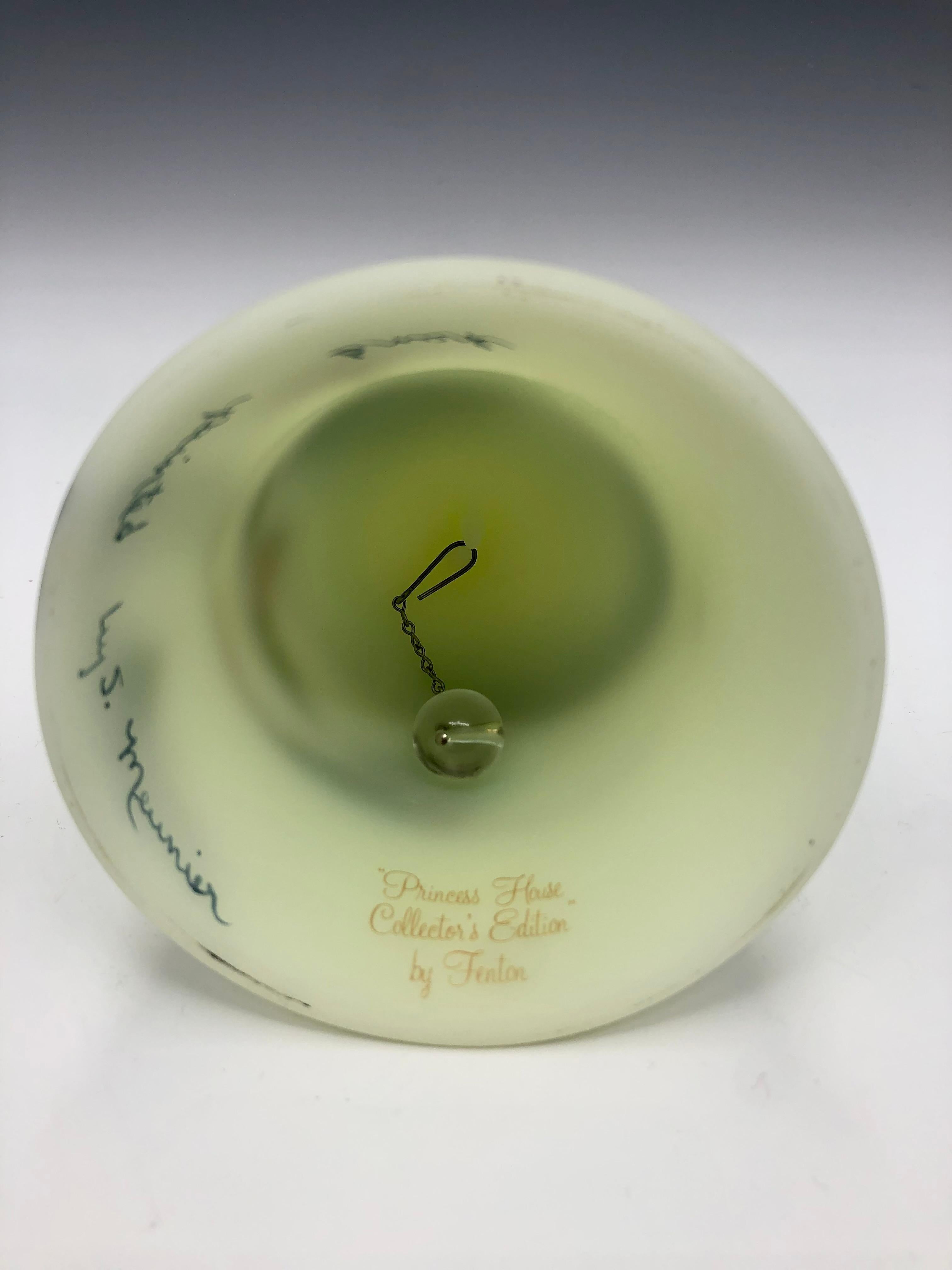 Fenton Vaseline Custard Glass Bell with Hand Painted Winter Scene  In Excellent Condition For Sale In East Quogue, NY