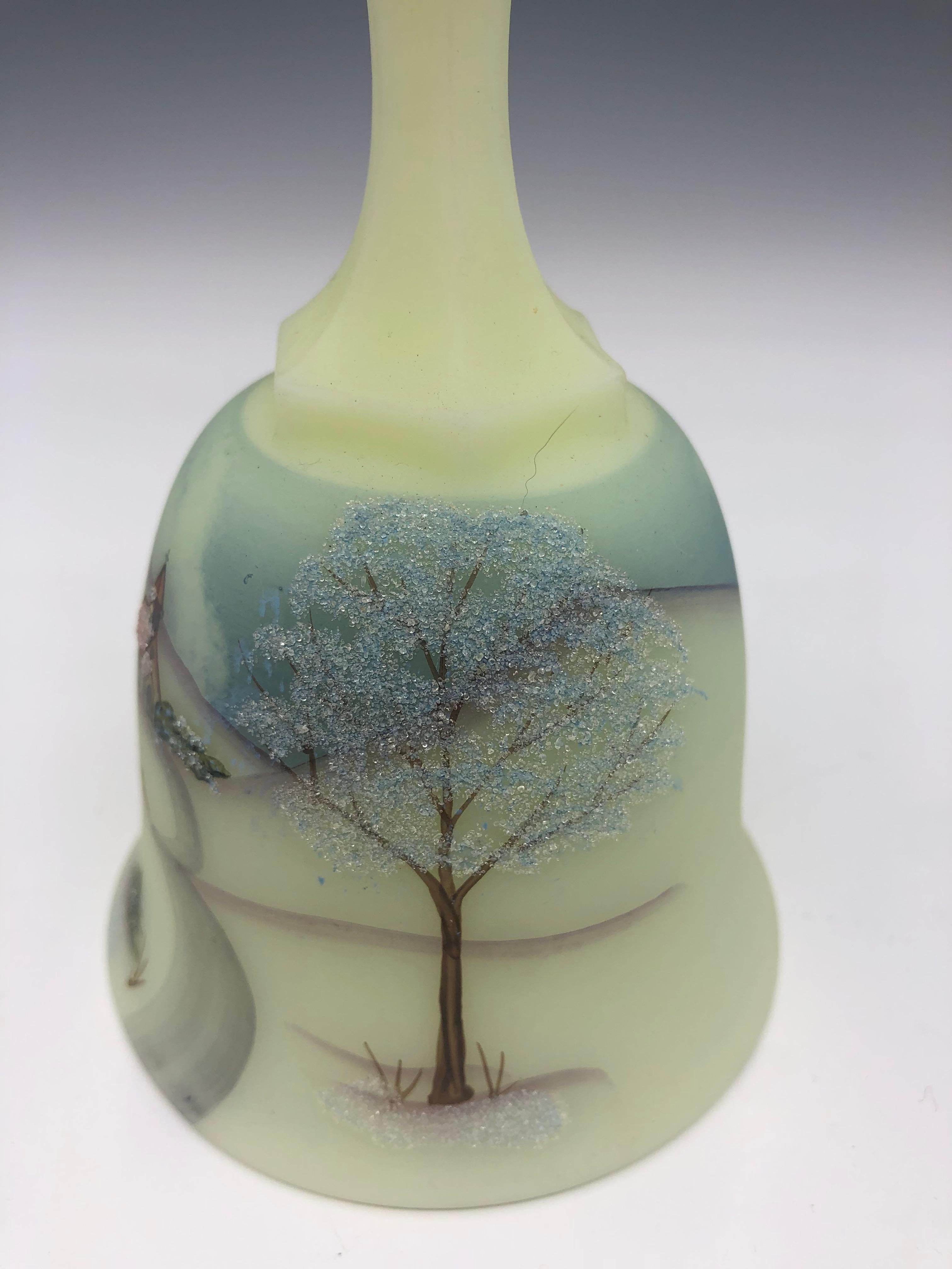 Fenton Vaseline Custard Glass Bell with Hand Painted Winter Scene  For Sale 2