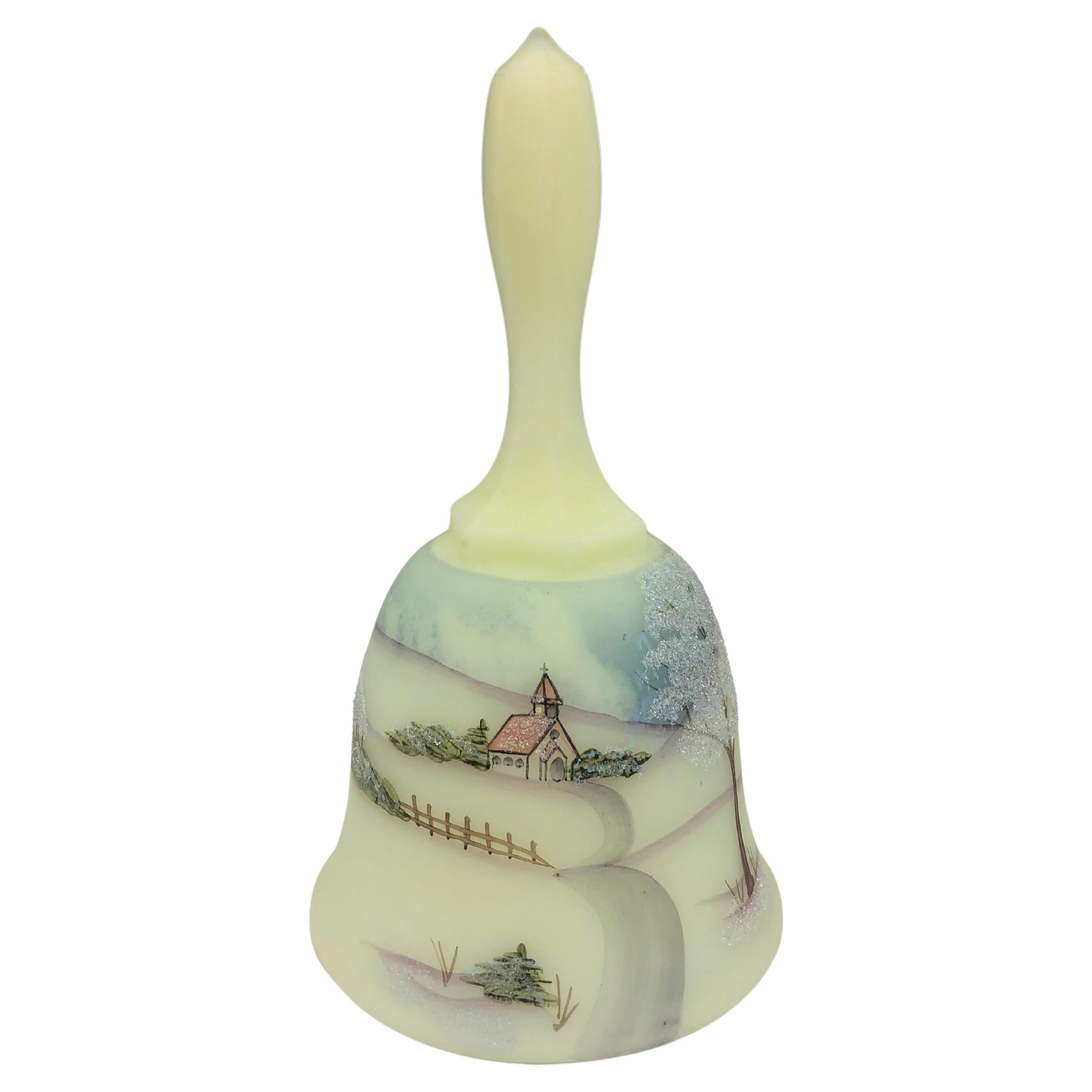 Fenton Vaseline Custard Glass Bell with Hand Painted Winter Scene  For Sale