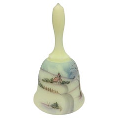 Retro Fenton Vaseline Custard Glass Bell with Hand Painted Winter Scene 