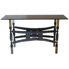 Fer Forgè and Brass Console, Smoked Grey Tempered Glass Top, France, circa 1940