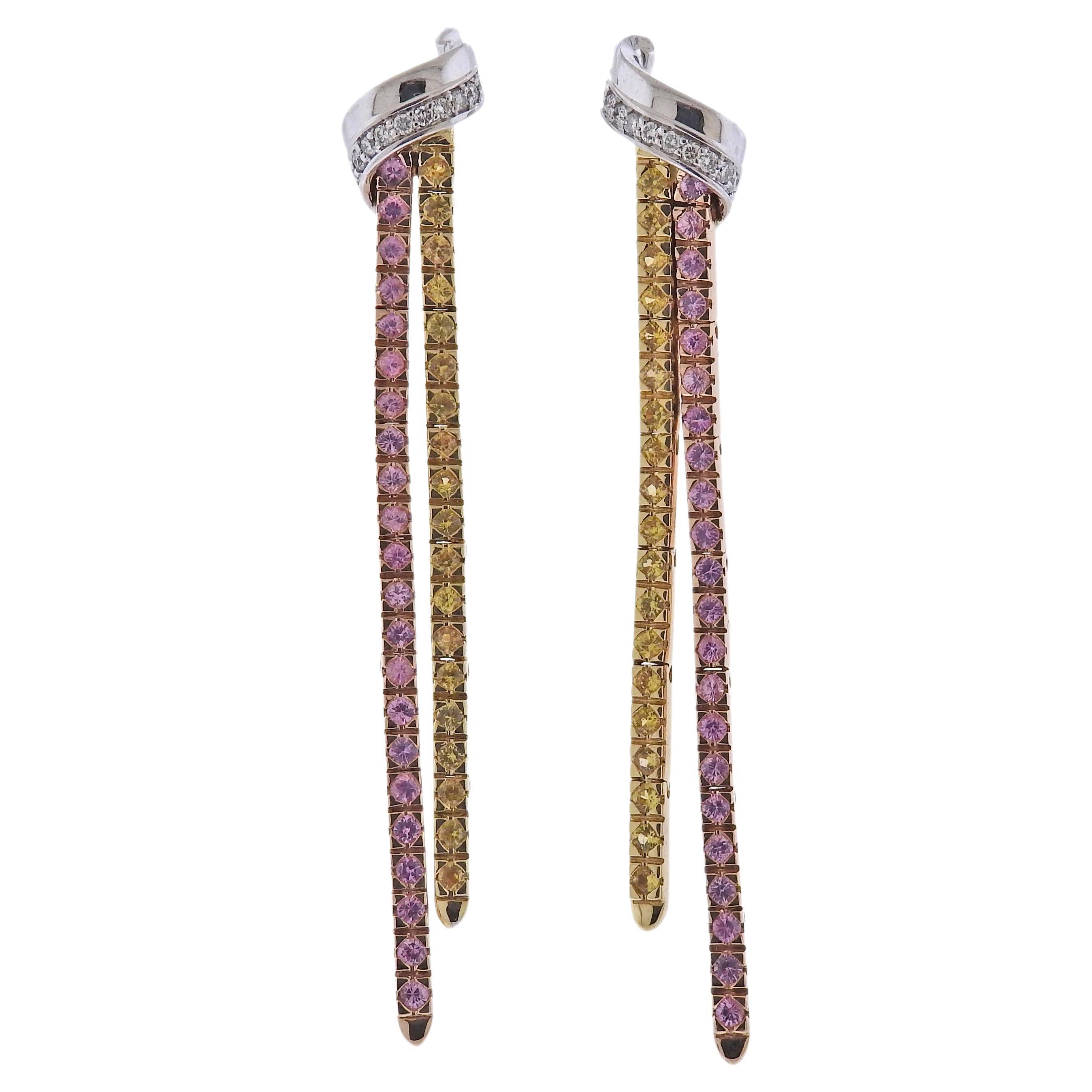 Feraud 18k Gold Yellow Pink Sapphire Diamond Earrings For Sale