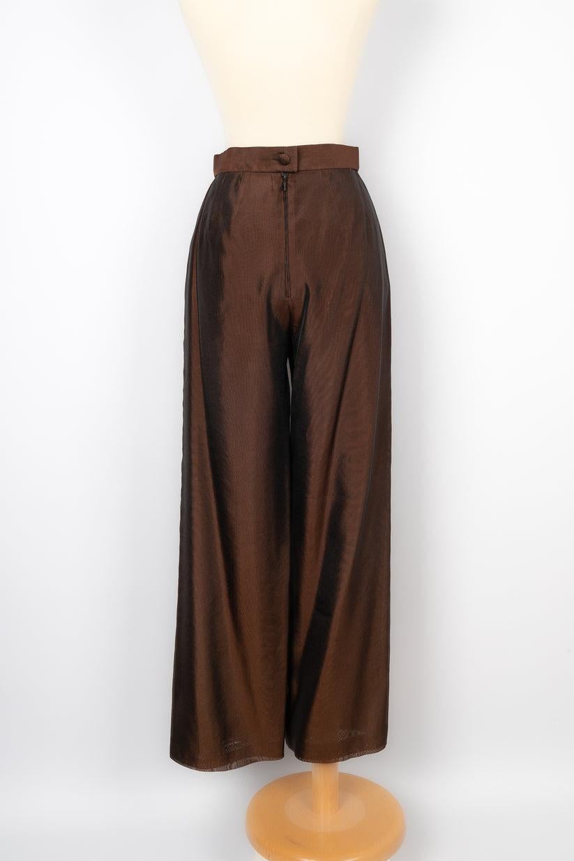 Féraud Brown Silk Organdie Pants In Excellent Condition For Sale In SAINT-OUEN-SUR-SEINE, FR