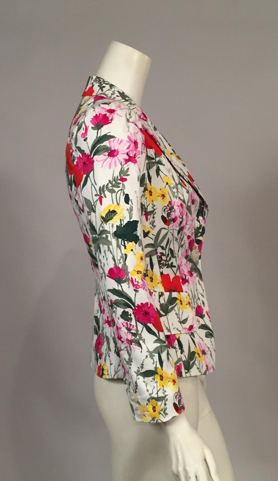 Feraud White Cotton Jacket with Colorful Floral Print              In Excellent Condition In New Hope, PA