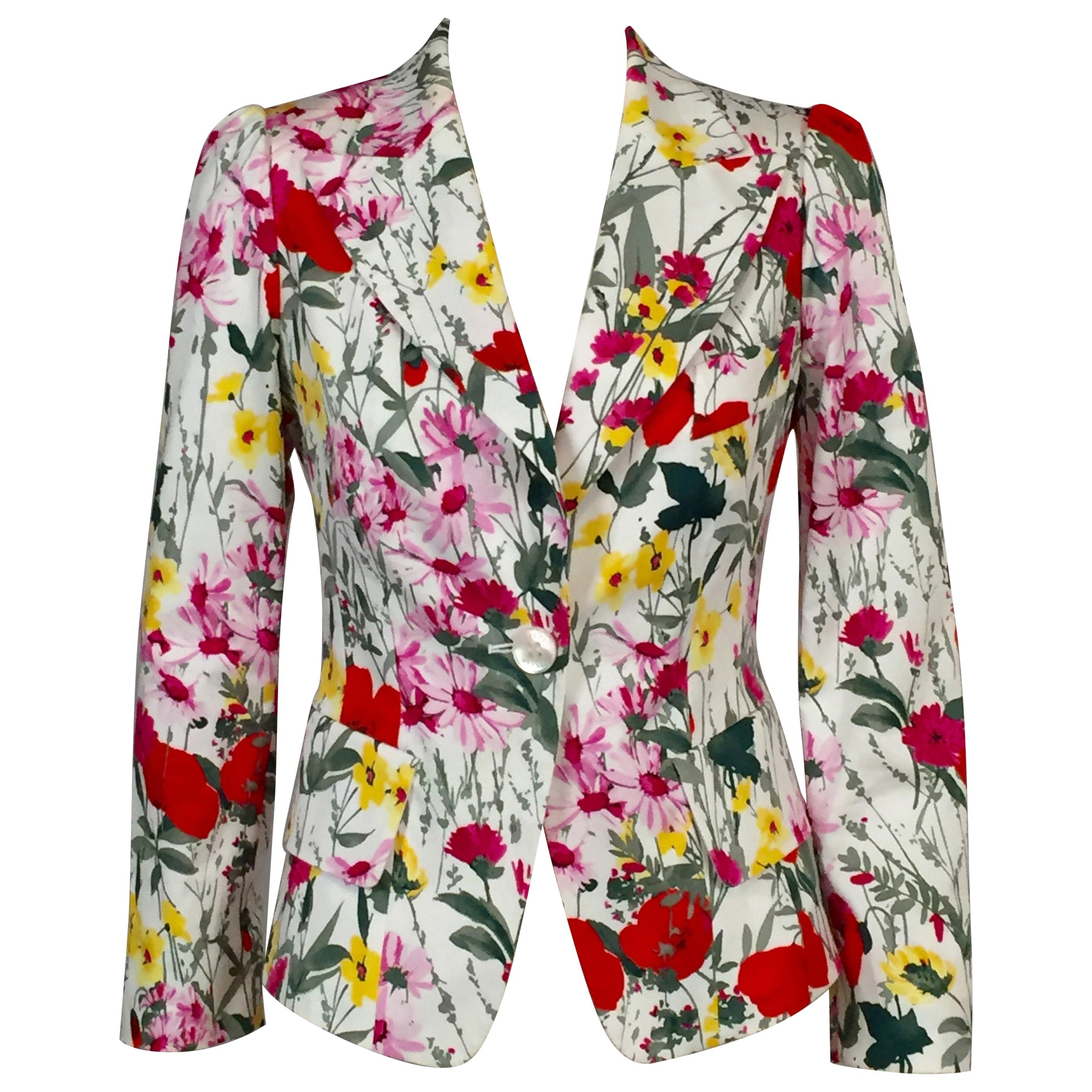 Feraud White Cotton Jacket with Colorful Floral Print For Sale at 1stDibs