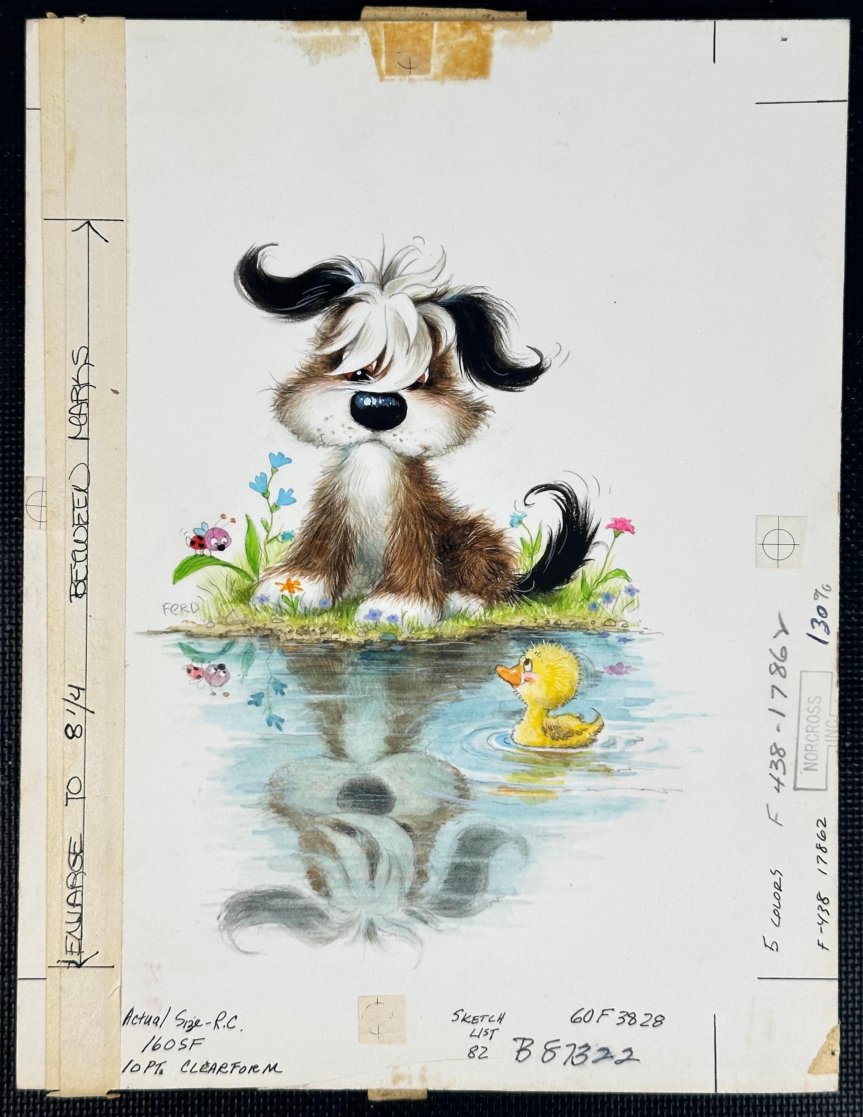 Puppy Dog & Duckling Greeting Card Illustration painting (Children's room decor) - Painting by Ferd Sondern