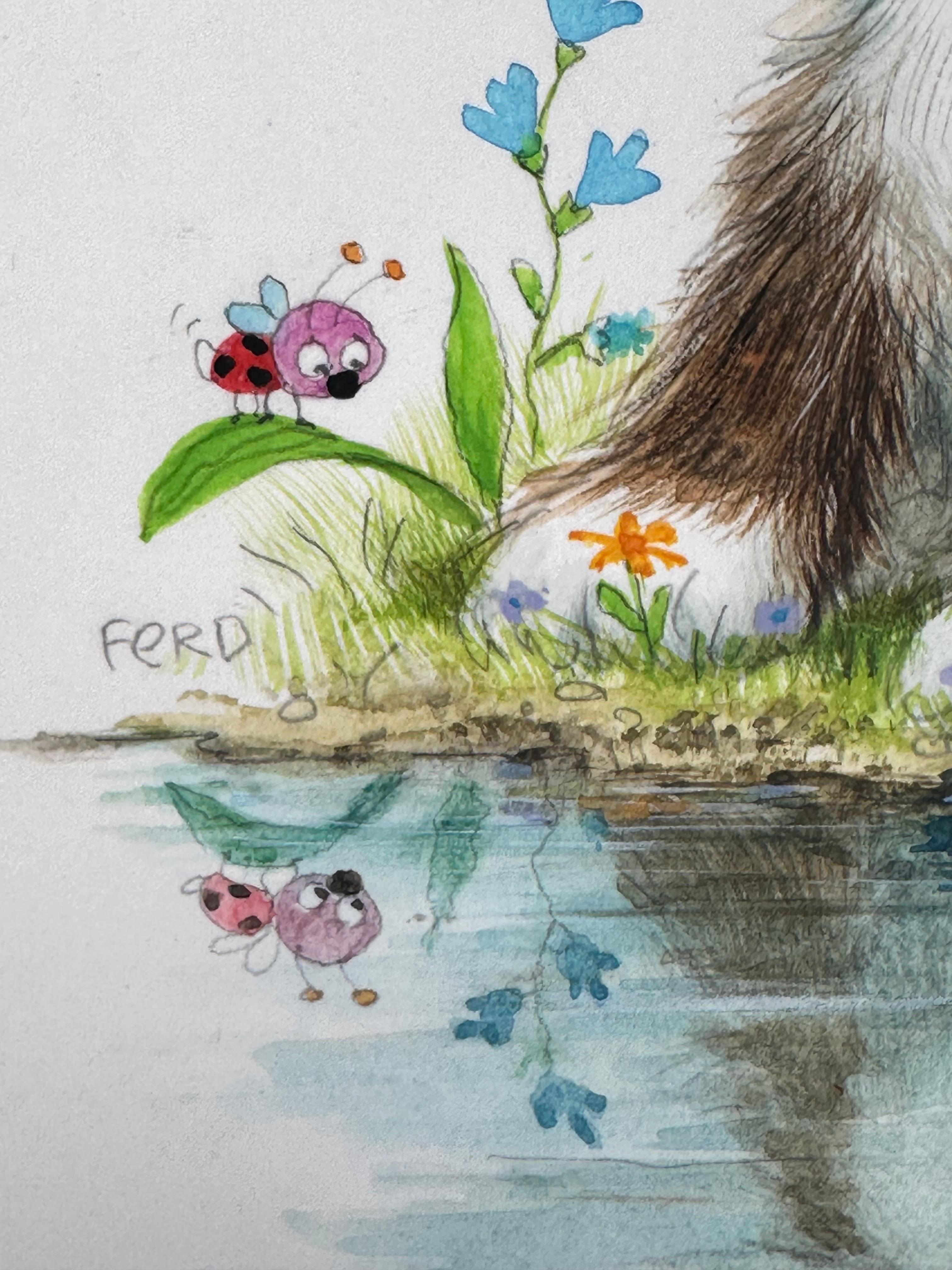 Puppy Dog & Duckling Greeting Card Illustration painting (Children's room decor) - Gray Figurative Painting by Ferd Sondern