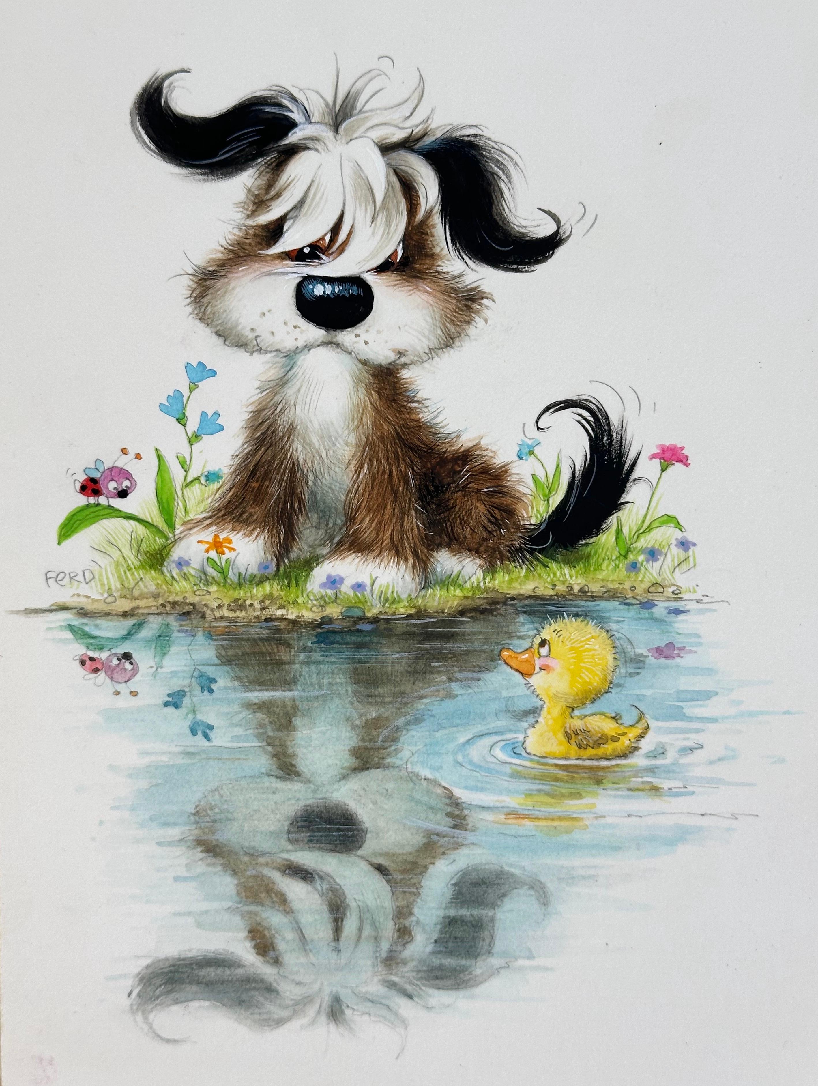 Puppy Dog & Duckling Greeting Card Illustration painting (Children's room decor)