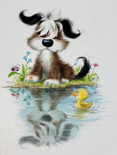 Puppy Dog & Duckling Greeting Card Illustration painting (Children's room decor)