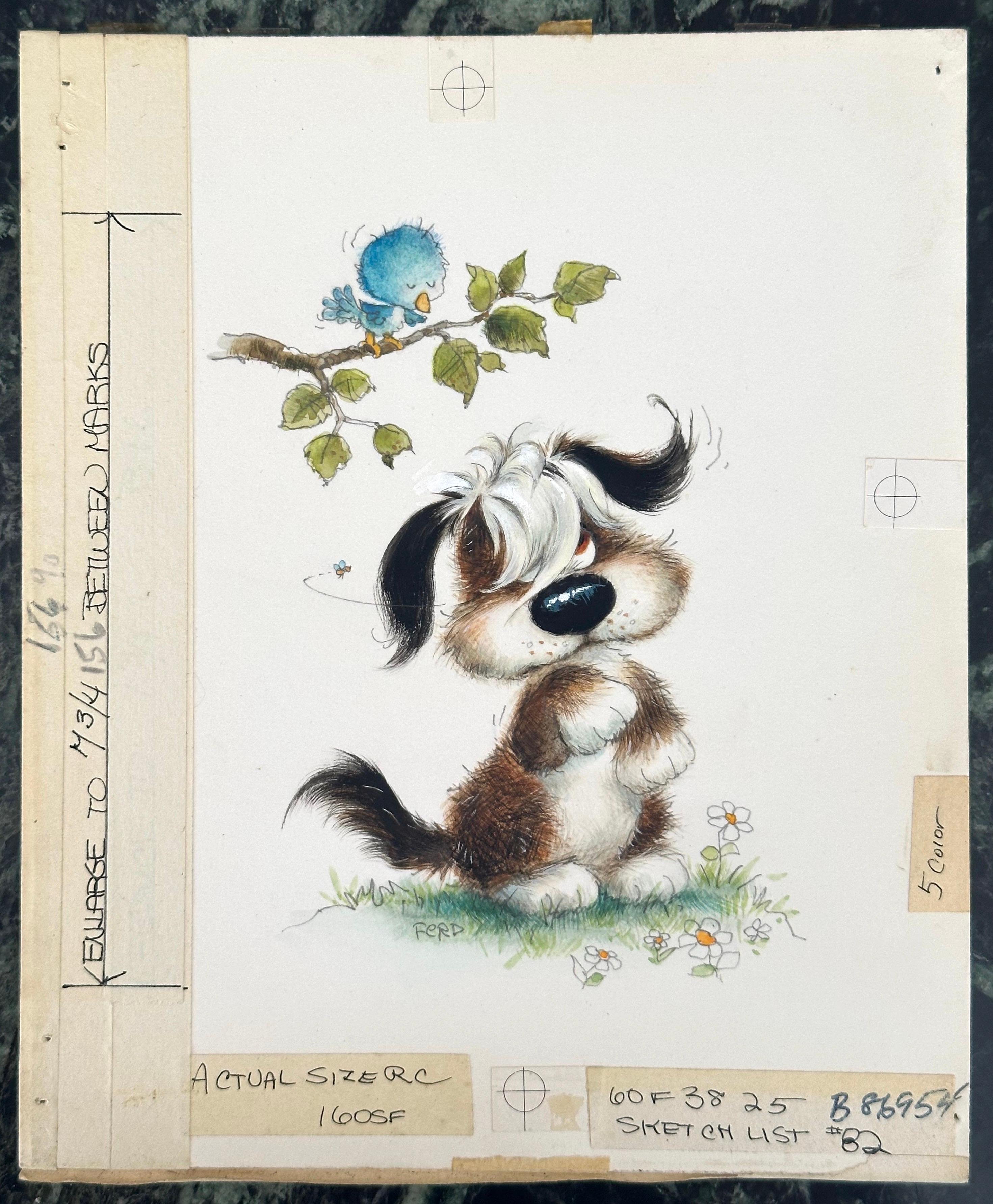 Puppy Dog Greeting Card Illustration painting (Children's room decor) - Painting by Ferd Sondern