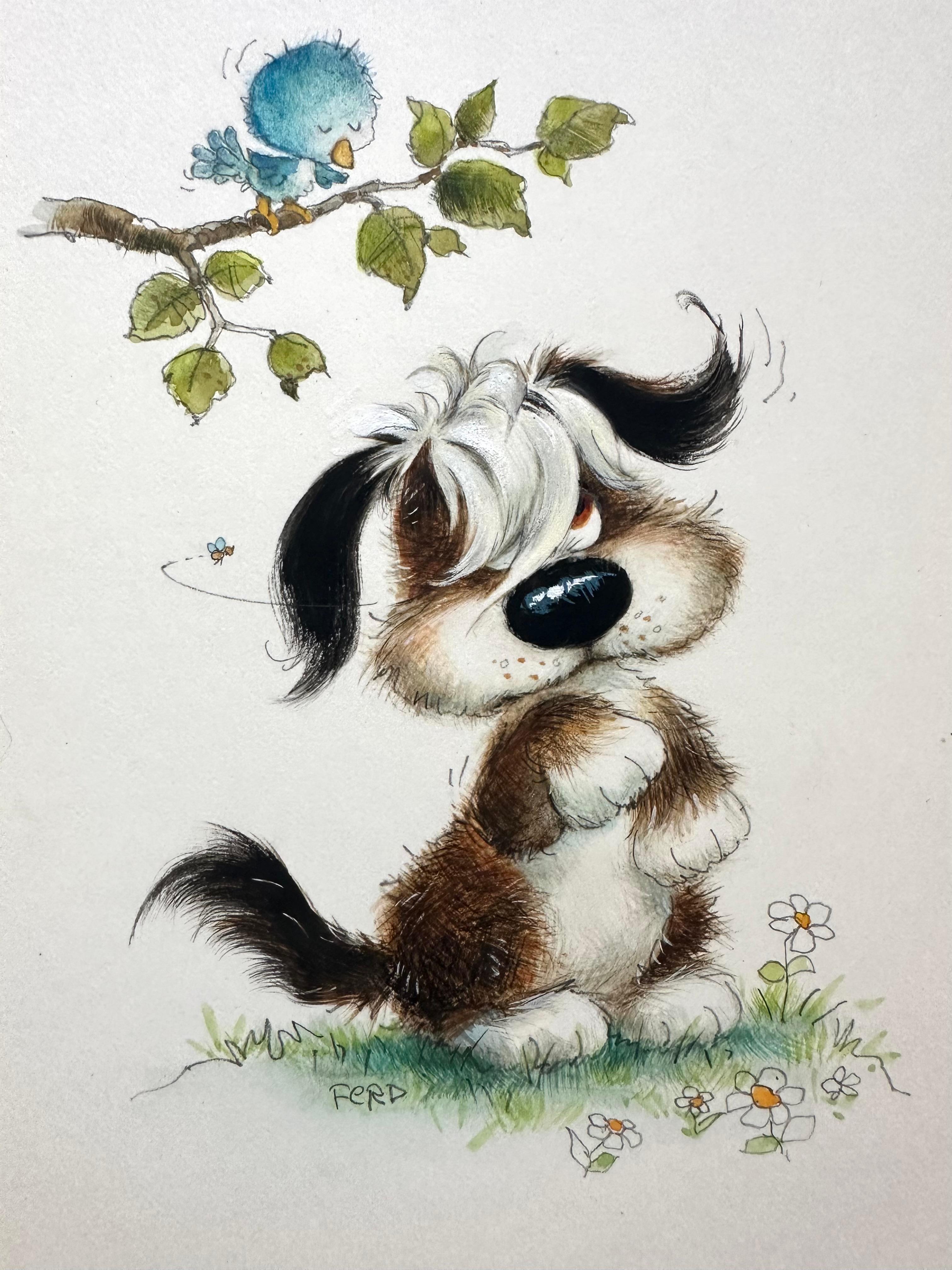 Puppy Dog Greeting Card Illustration painting (Children's room decor)
