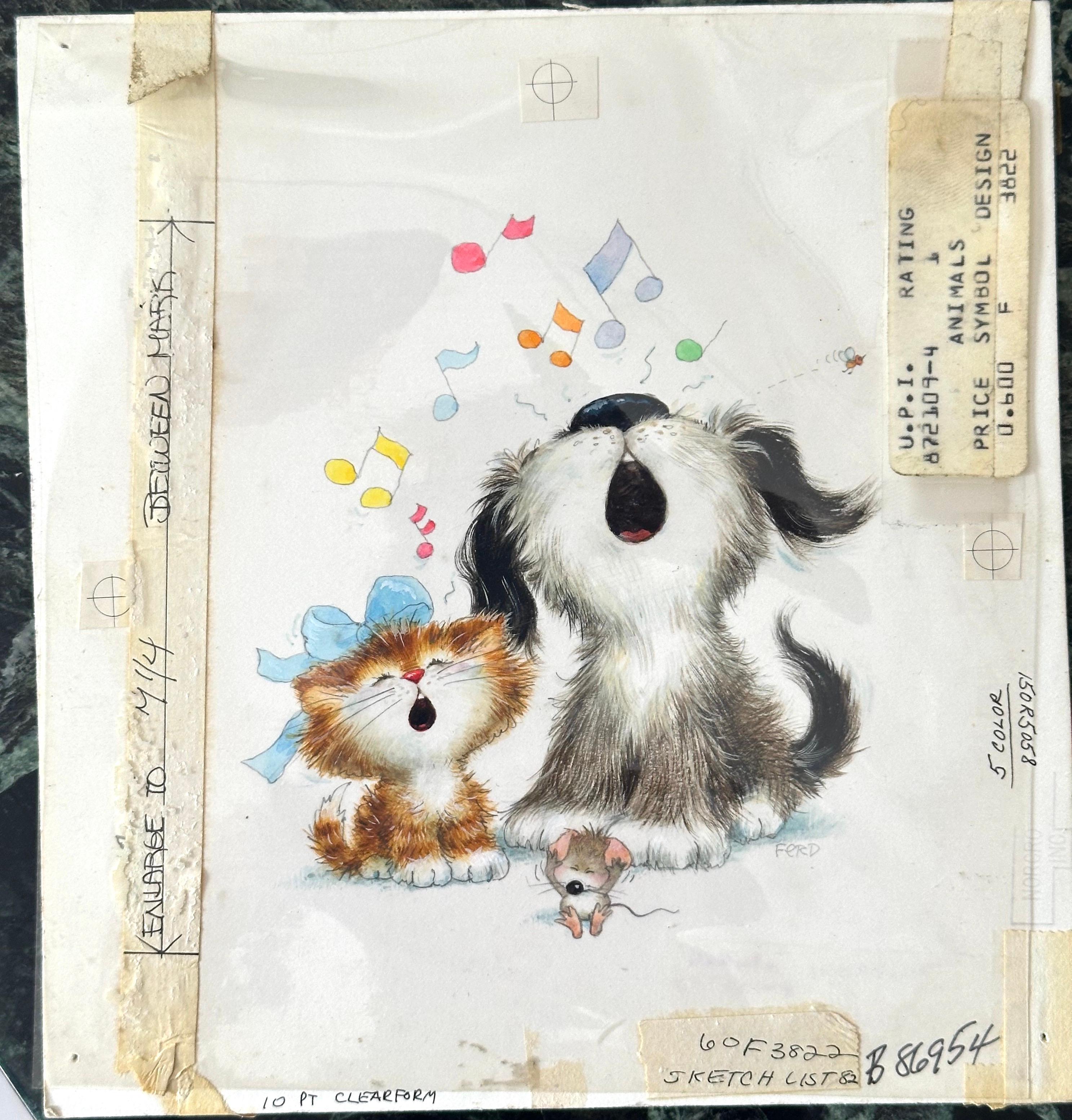 Puppy Dog & Kitten Greeting Card Illustration painting (Children's room decor) - Painting by Ferd Sondern